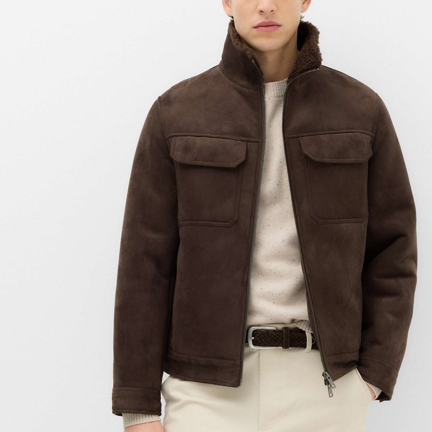 M&S Men's Faux suede shirling jacket - L - Bitter Chocolate