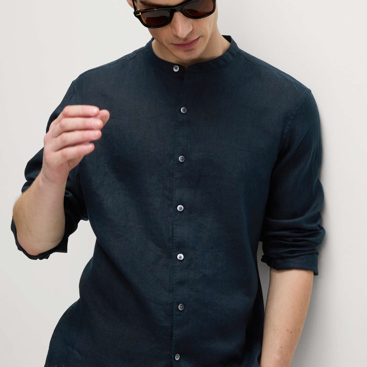 M&S Men's Pure Linen Grandad Collar Shirt - 4XL - Navy