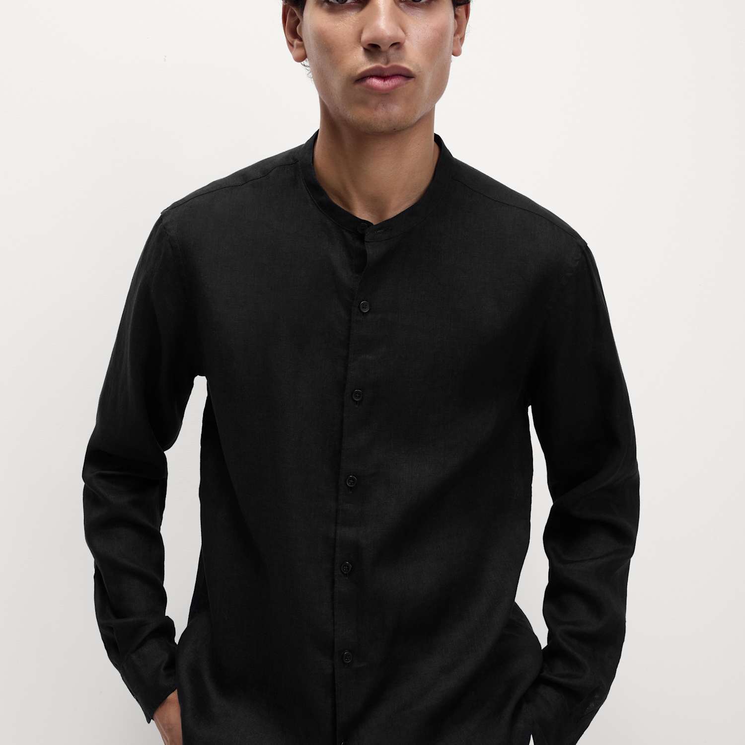 M&S Men's Pure Linen Grandad Collar Shirt - M - Black