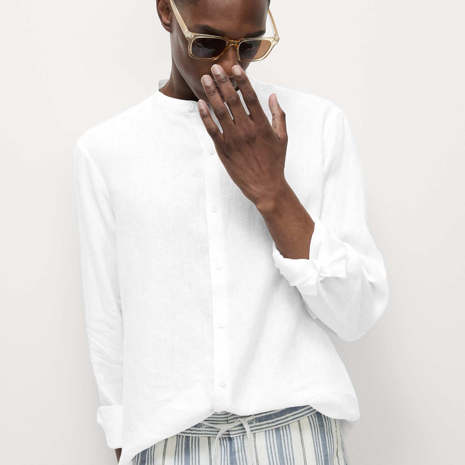 M&S Men's Pure Linen Grandad Collar Shirt - 3XL - White