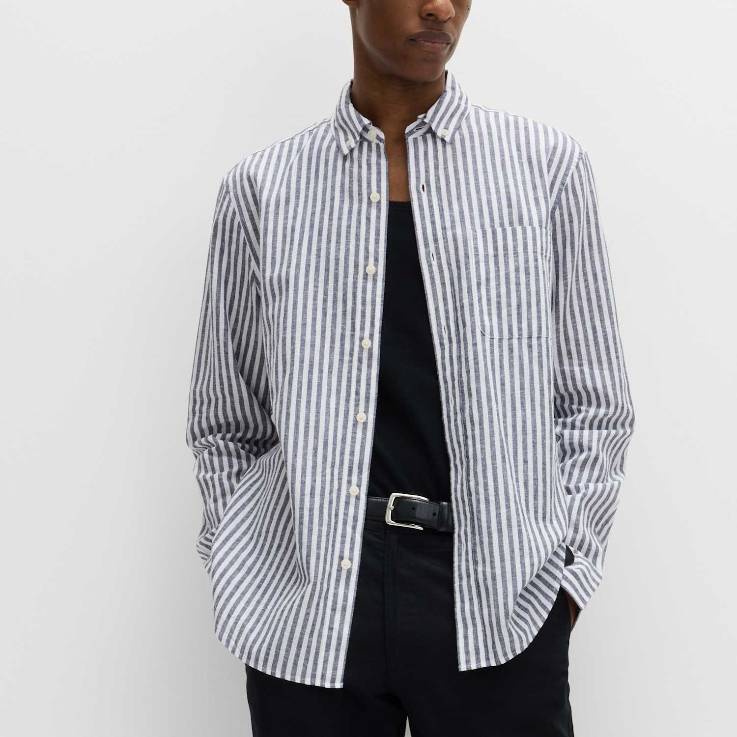 M&S Men's Linen Cotton Blend Striped Shirt - XL - Blue Mix
