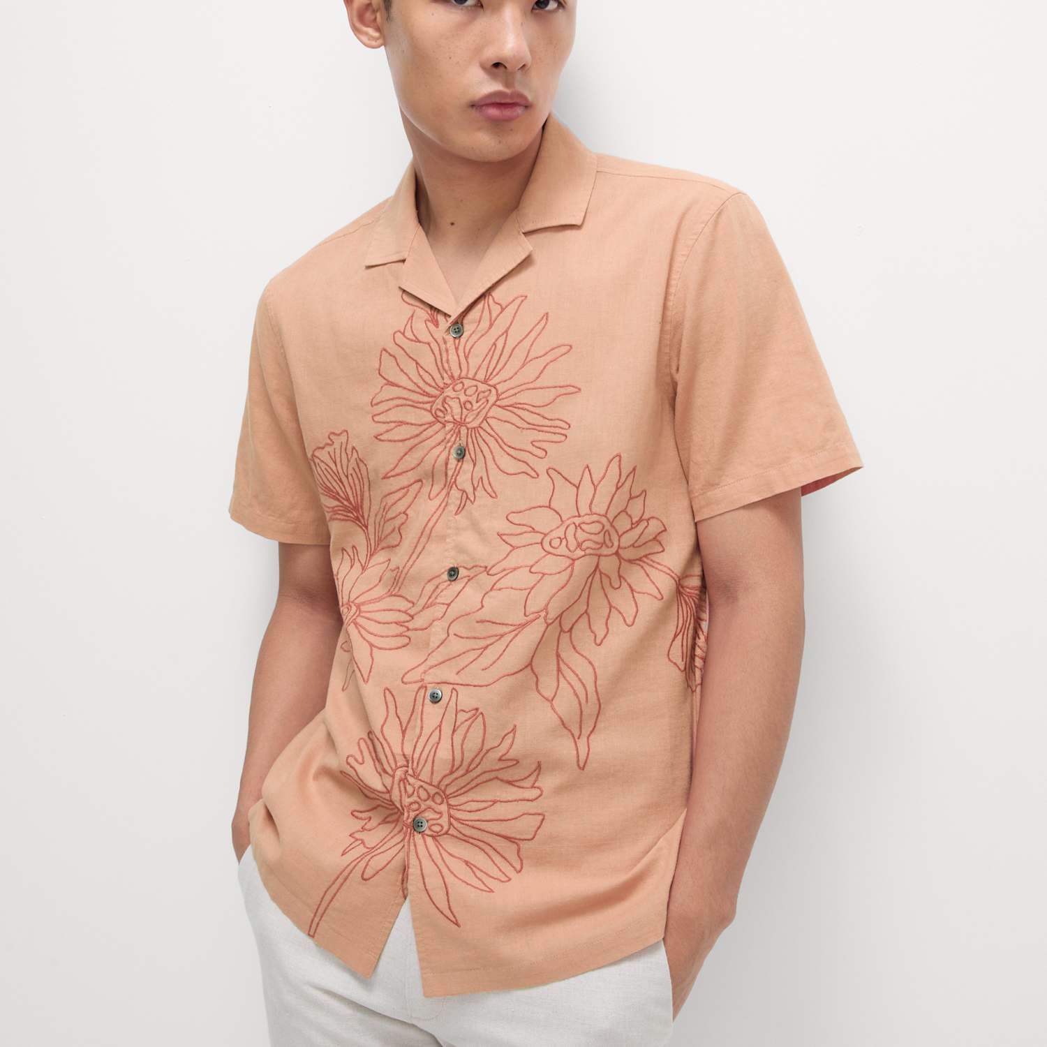 M&S Men's Linen Cotton Floral Embroidery Shirt - L - Orange Mix
