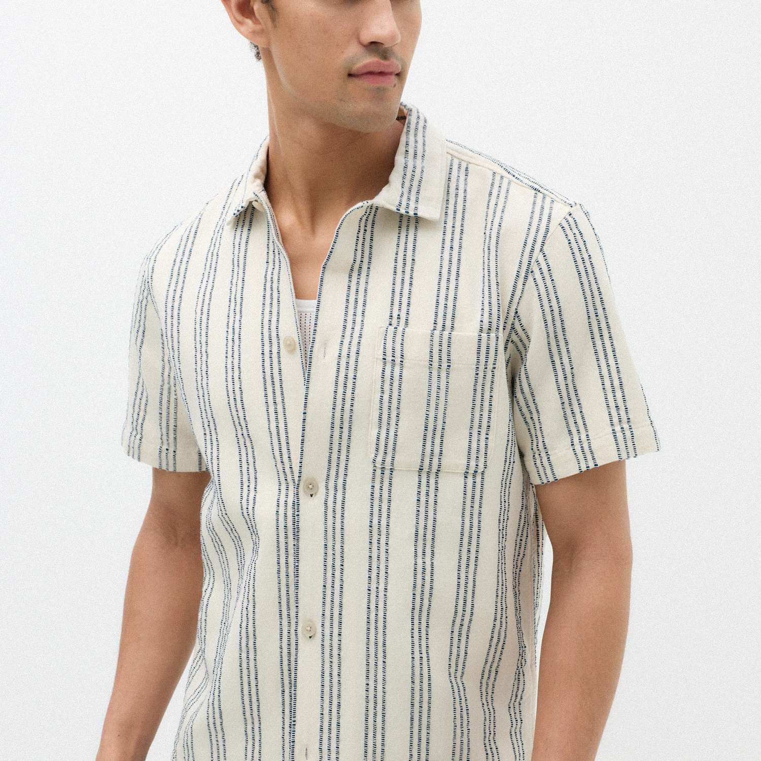 M&S Men's Pure Cotton Textured Short Sleeve Shirt - L - Natural Mix