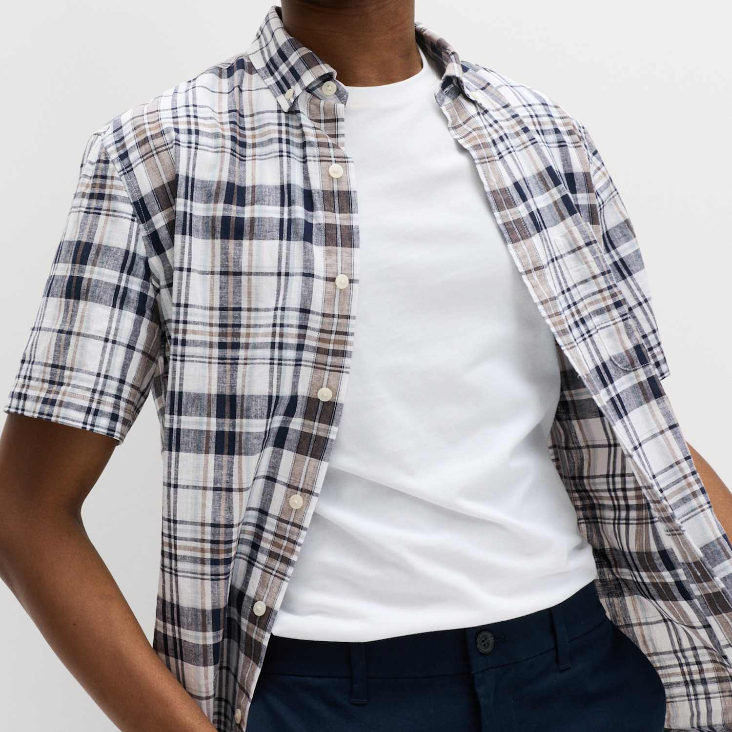 M&S Men's Cotton Linen Blend Check Short Sleeve Shirt - M - White Mix