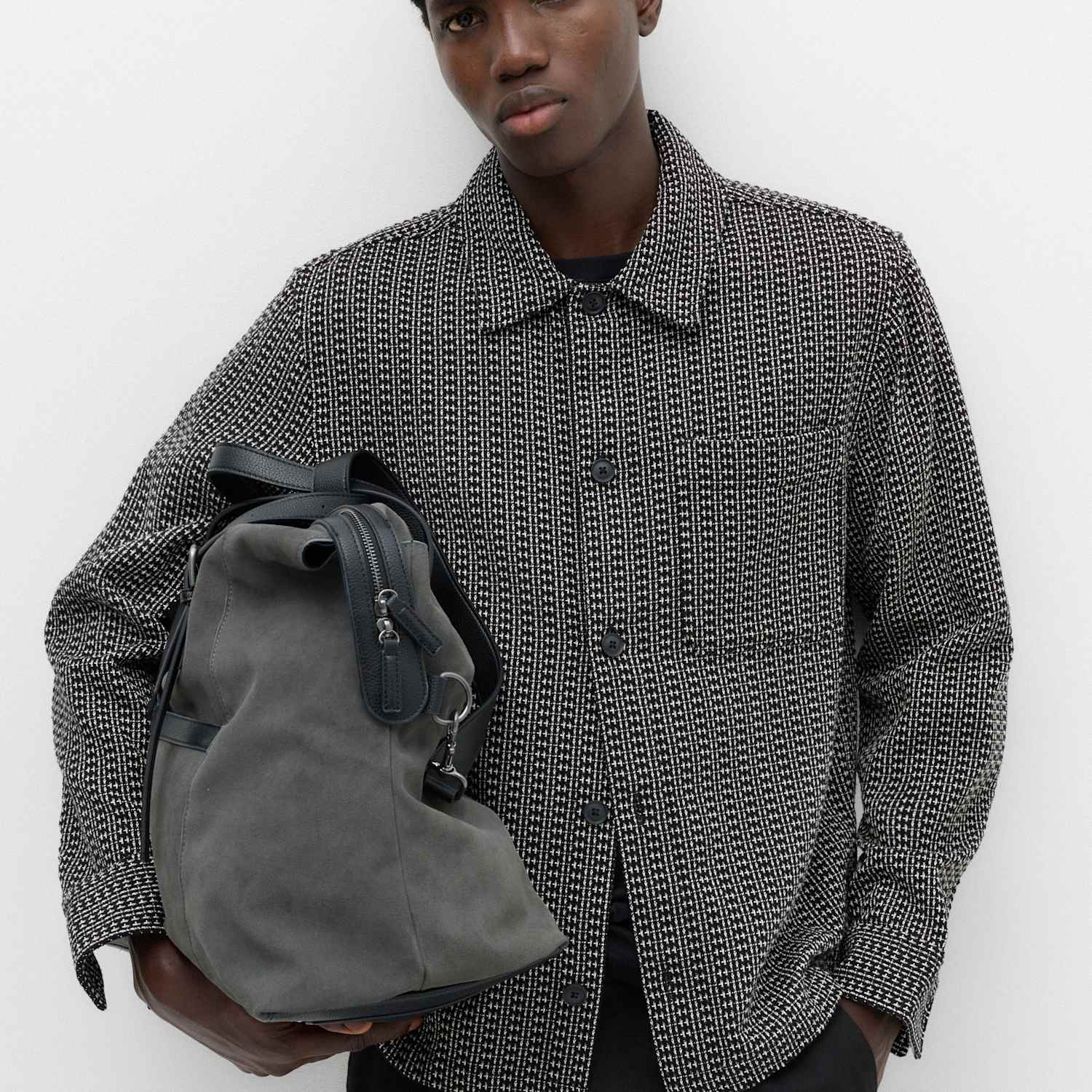 M&S Men's Pure Cotton Textured Overshirt - L - Black Mix