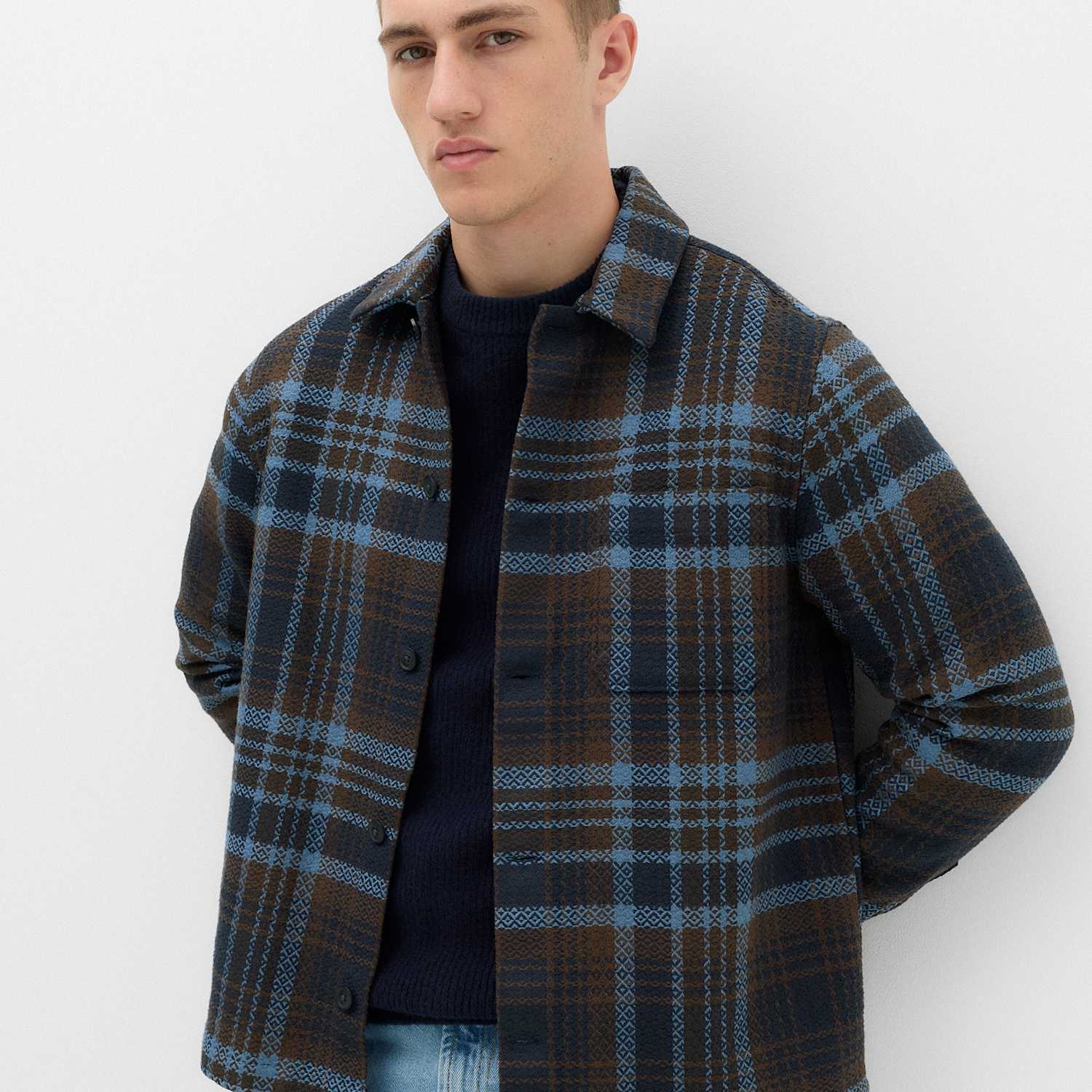 M&S Men's Pure Cotton Checked Overshirt - M - Blue Mix
