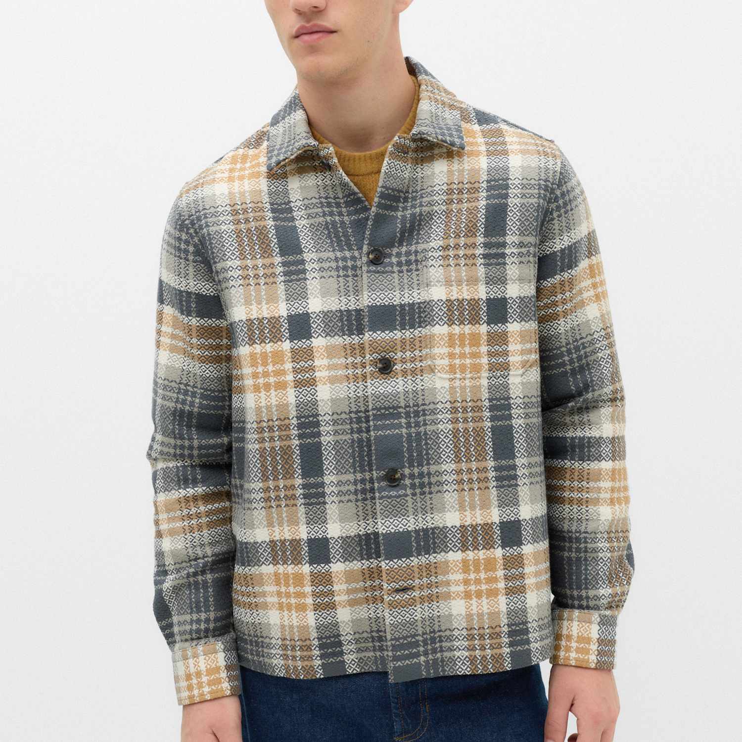 M&S Men's Pure Cotton Checked Overshirt - S - Green Mix