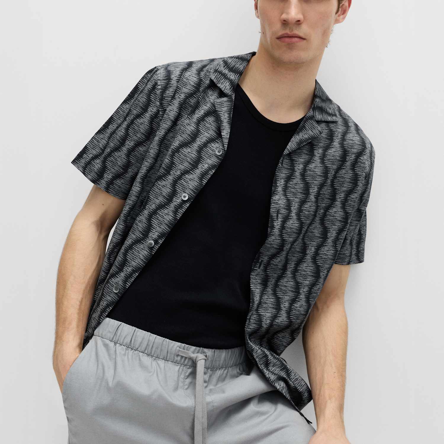 M&S Men's Pure Cotton Geometric Short Sleeve Shirt - 2XL - Black Mix