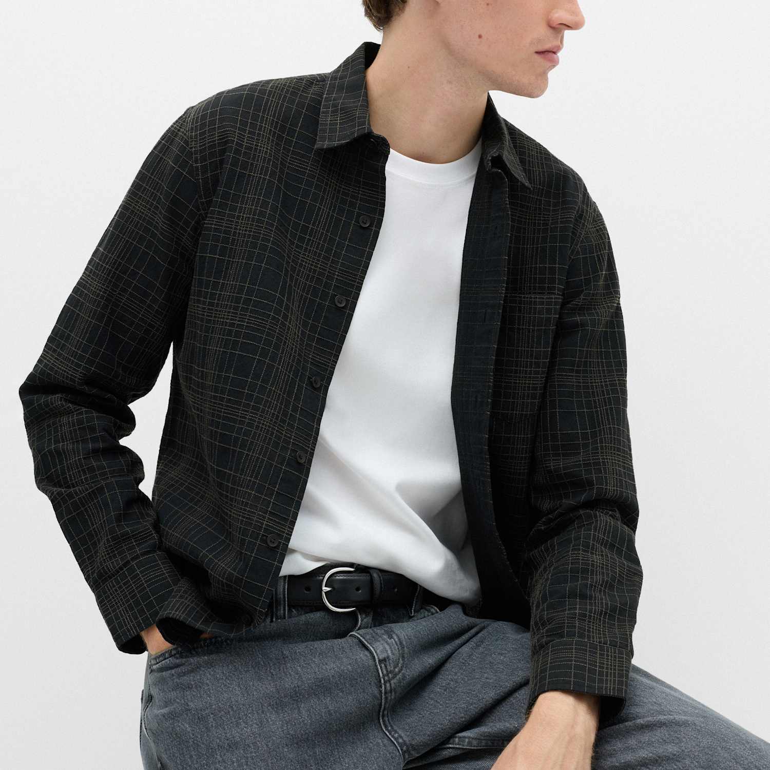 M&S Men's Pure Cotton Textured Check Shirt - M - Black Mix