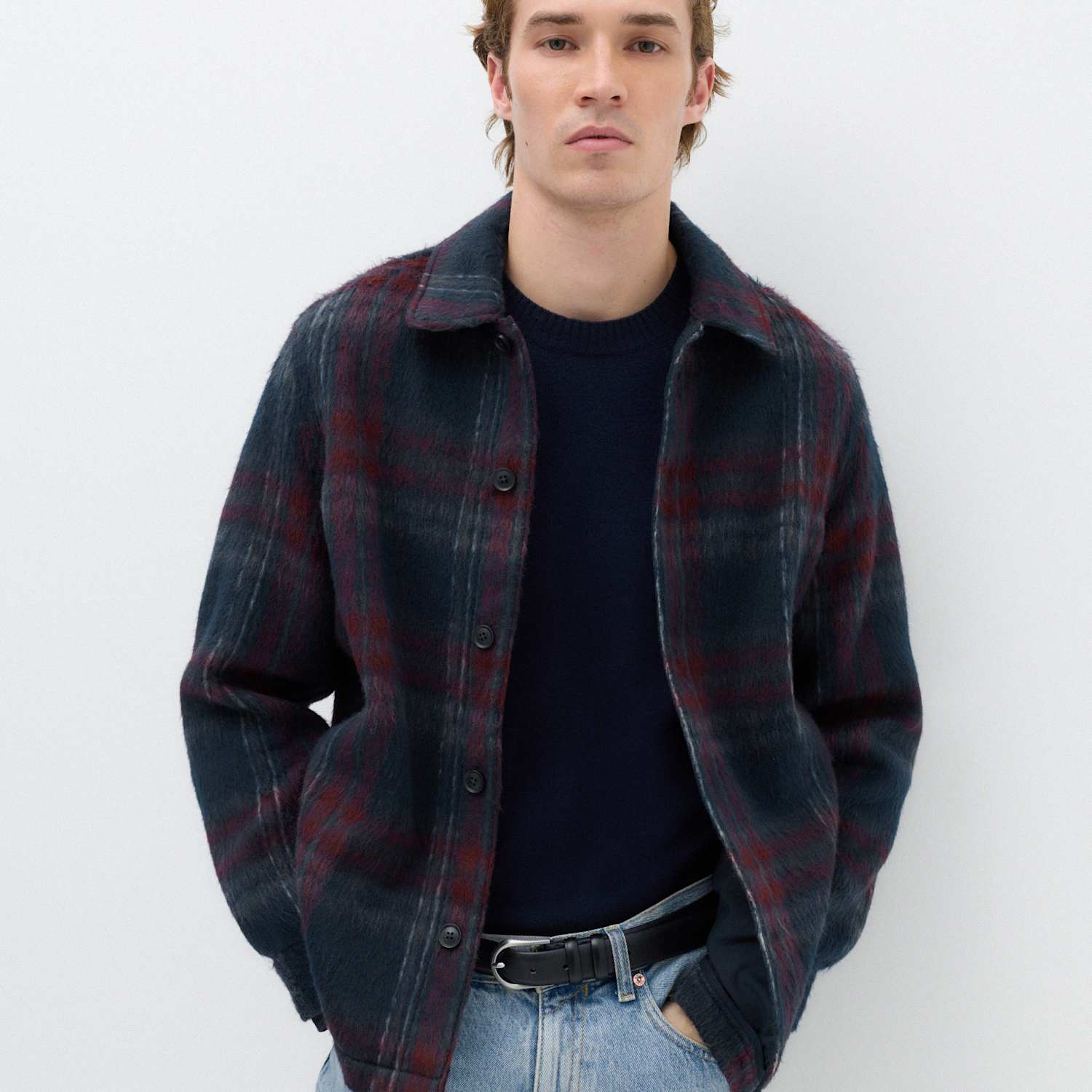 M&S Men's Regular Fit Check Overshirt - L - Navy Mix