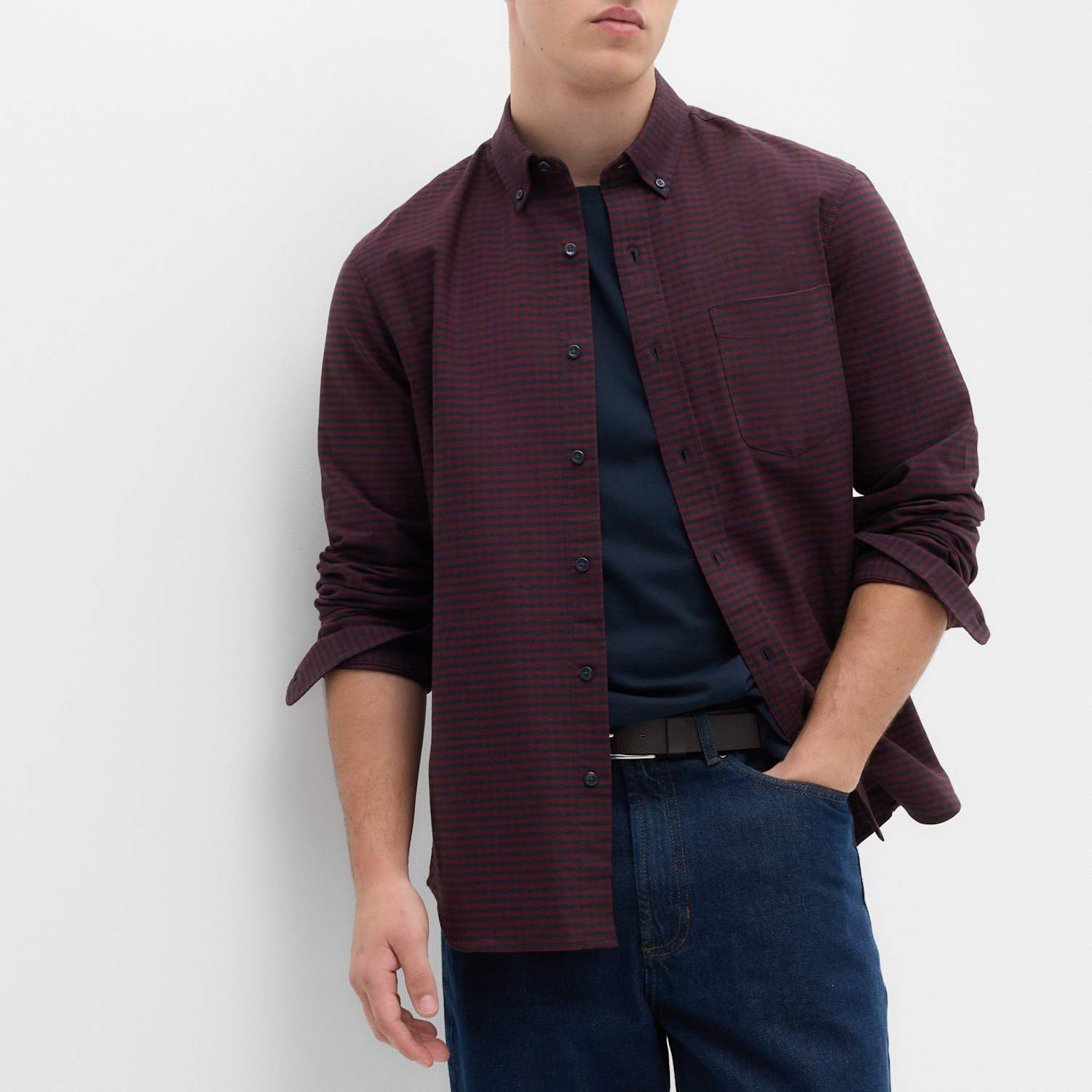 M&S Men's Ultimate Pure Cotton Check Oxford Shirt - M - Wine Mix
