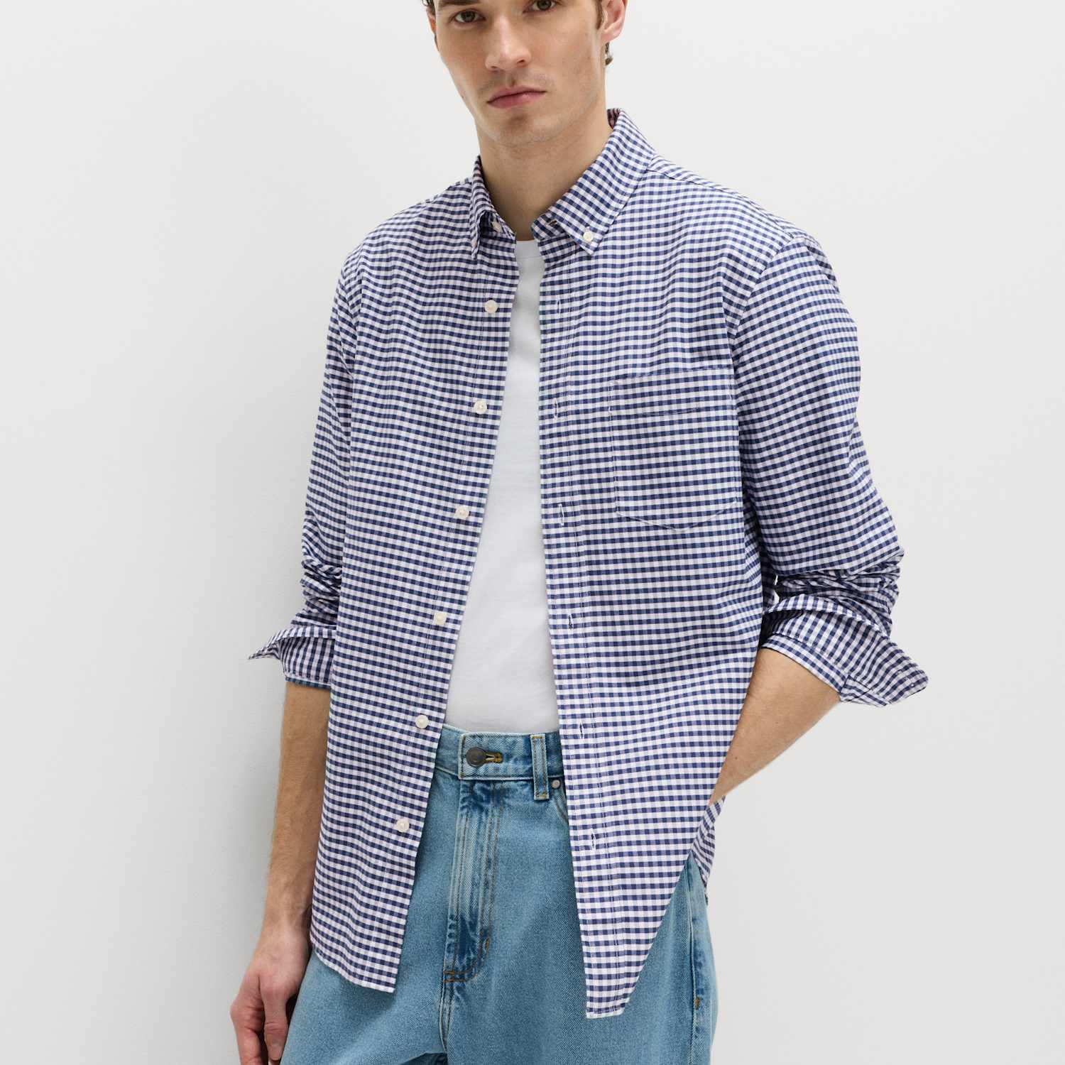 M&S Men's Ultimate Pure Cotton Check Oxford Shirt - M - Navy Mix