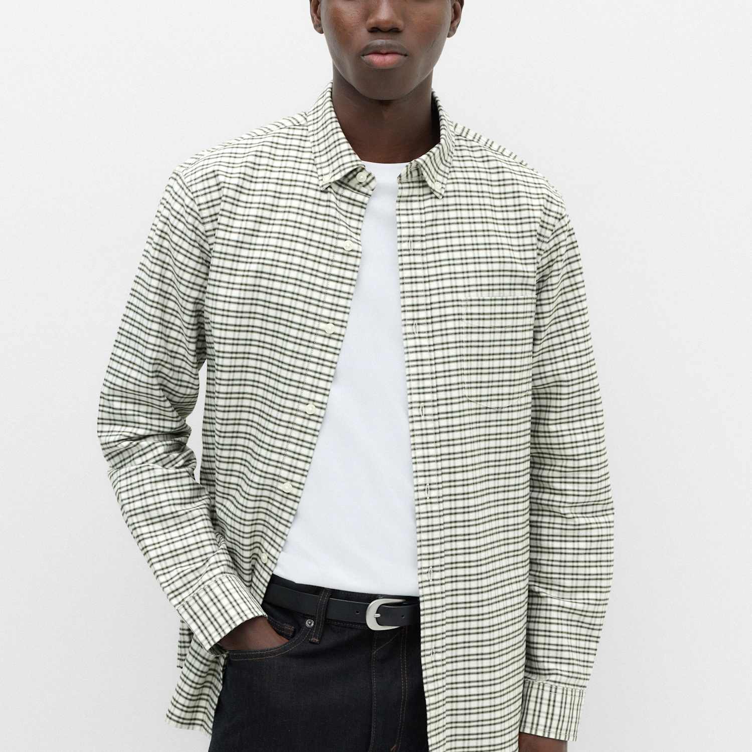M&S Men's Ultimate Pure Cotton Check Oxford Shirt - L - Natural Mix