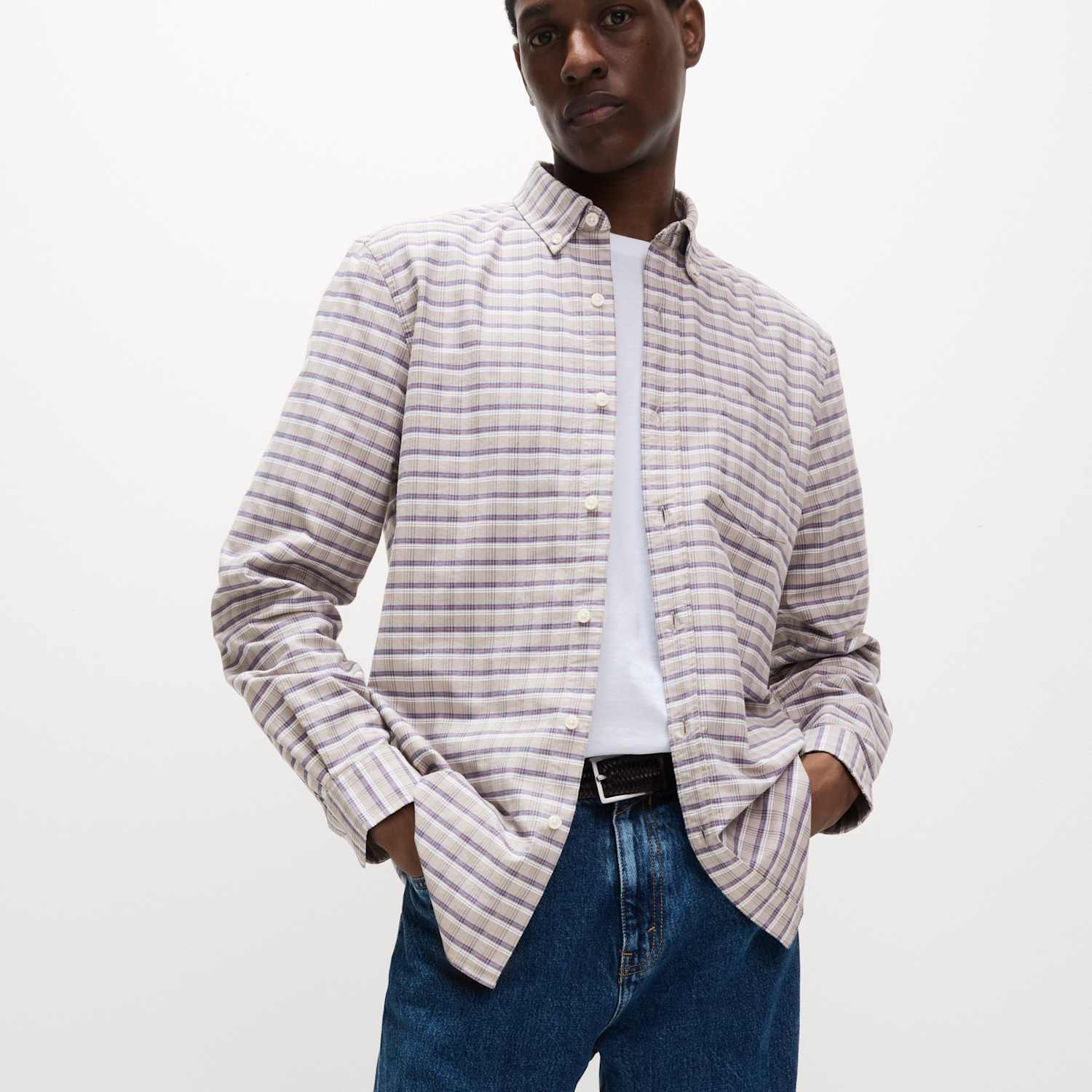 M&S Men's Ultimate Pure Cotton Check Oxford Shirt - M - Natural Mix