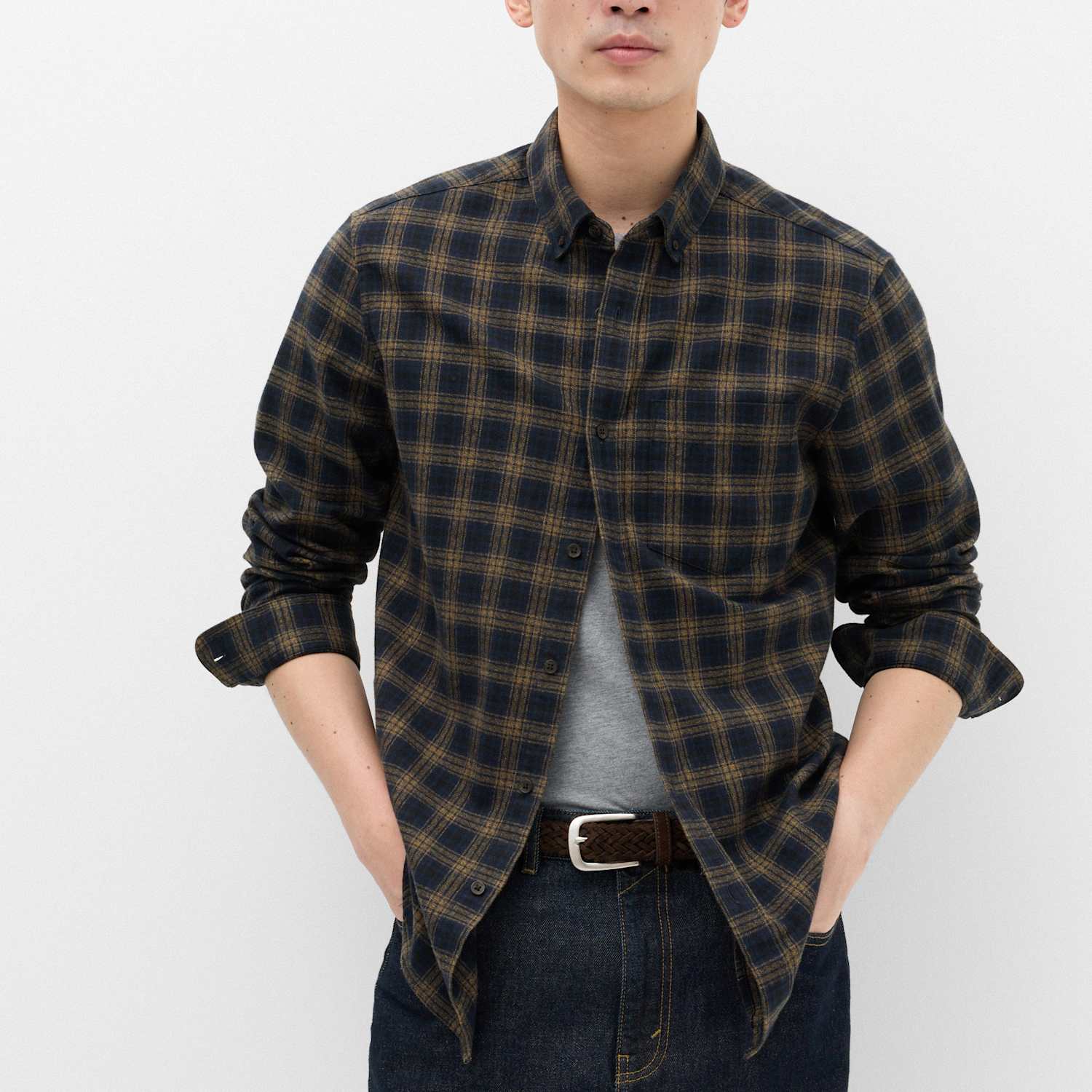M&S Men's Pure Cotton Flannel Shirt - S - Navy Mix