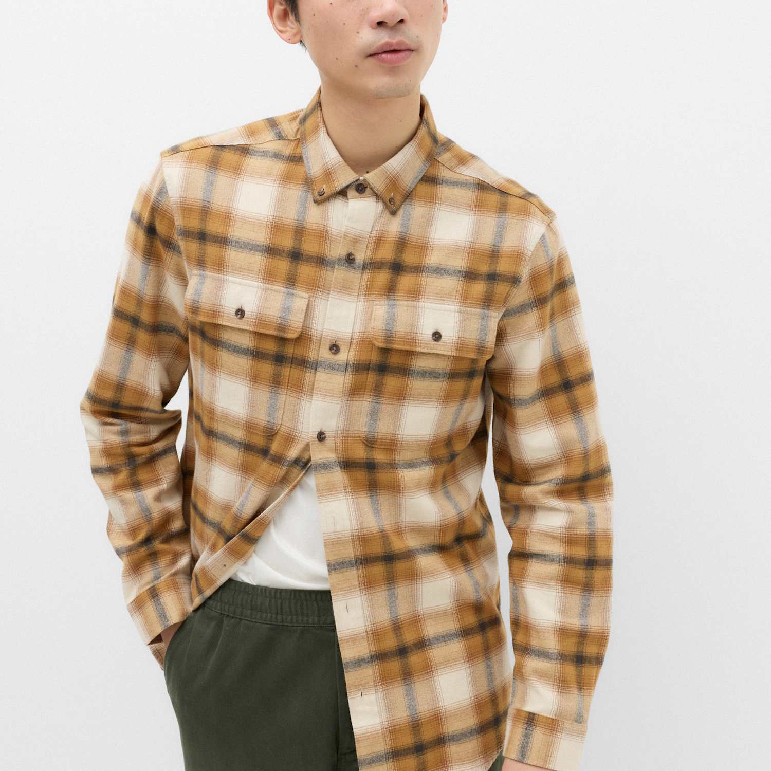 M&S Men's Pure Cotton Flannel Shirt - L - Yellow Mix