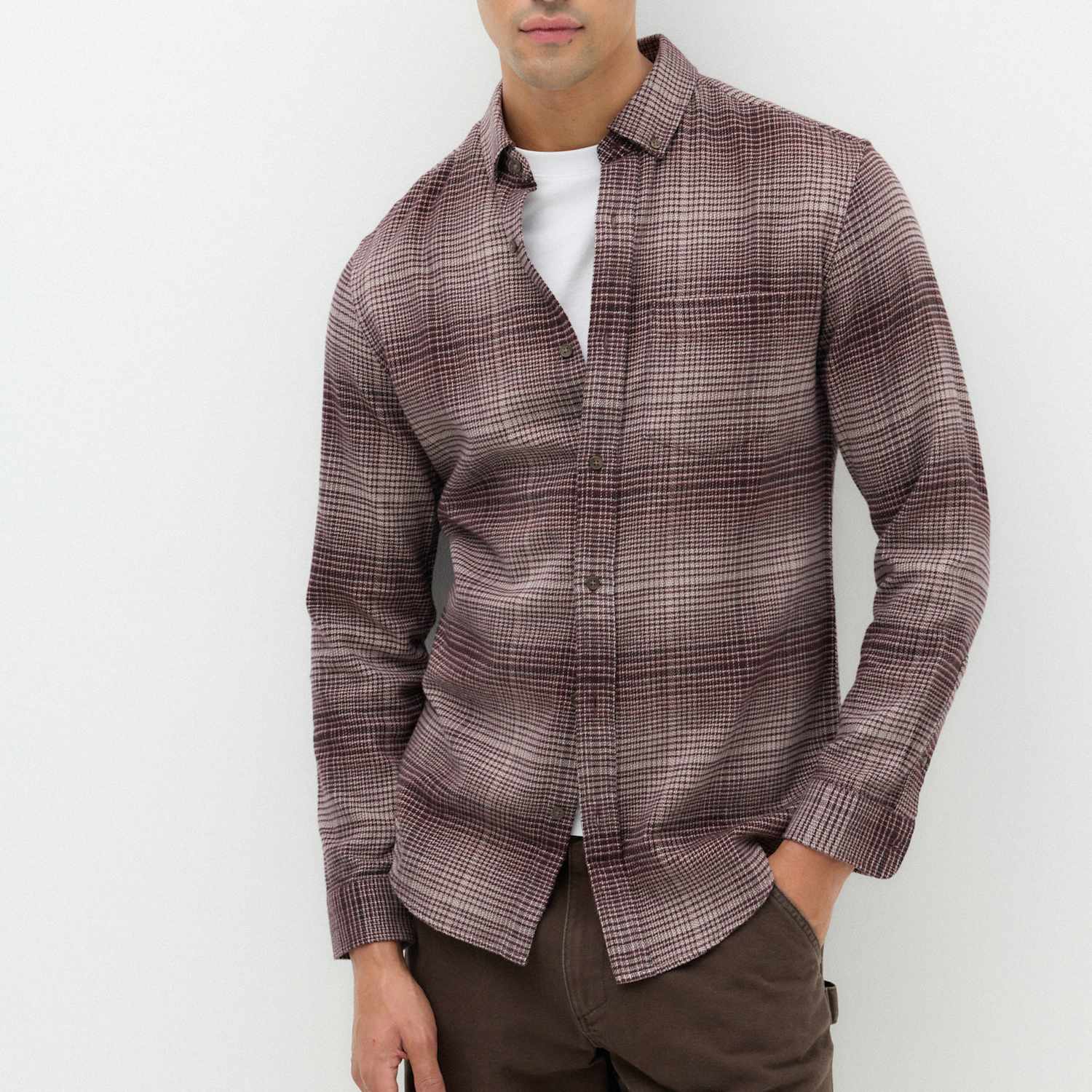 M&S Men's Pure Cotton Flannel Shirt - S - Burgundy