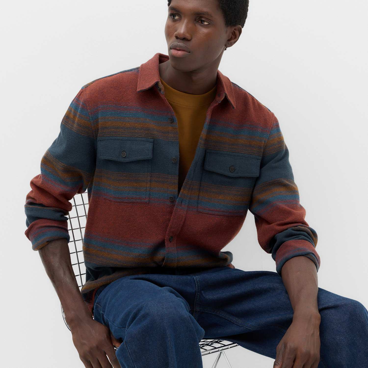 M&S Men's Regular Fit Pure Cotton Striped Flannel Shirt - L - Navy Mix
