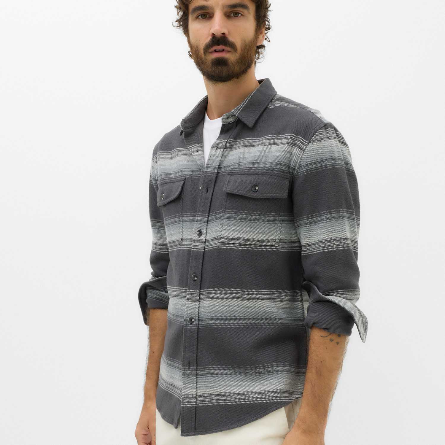 M&S Men's Regular Fit Pure Cotton Striped Flannel Shirt - M - Grey Mix