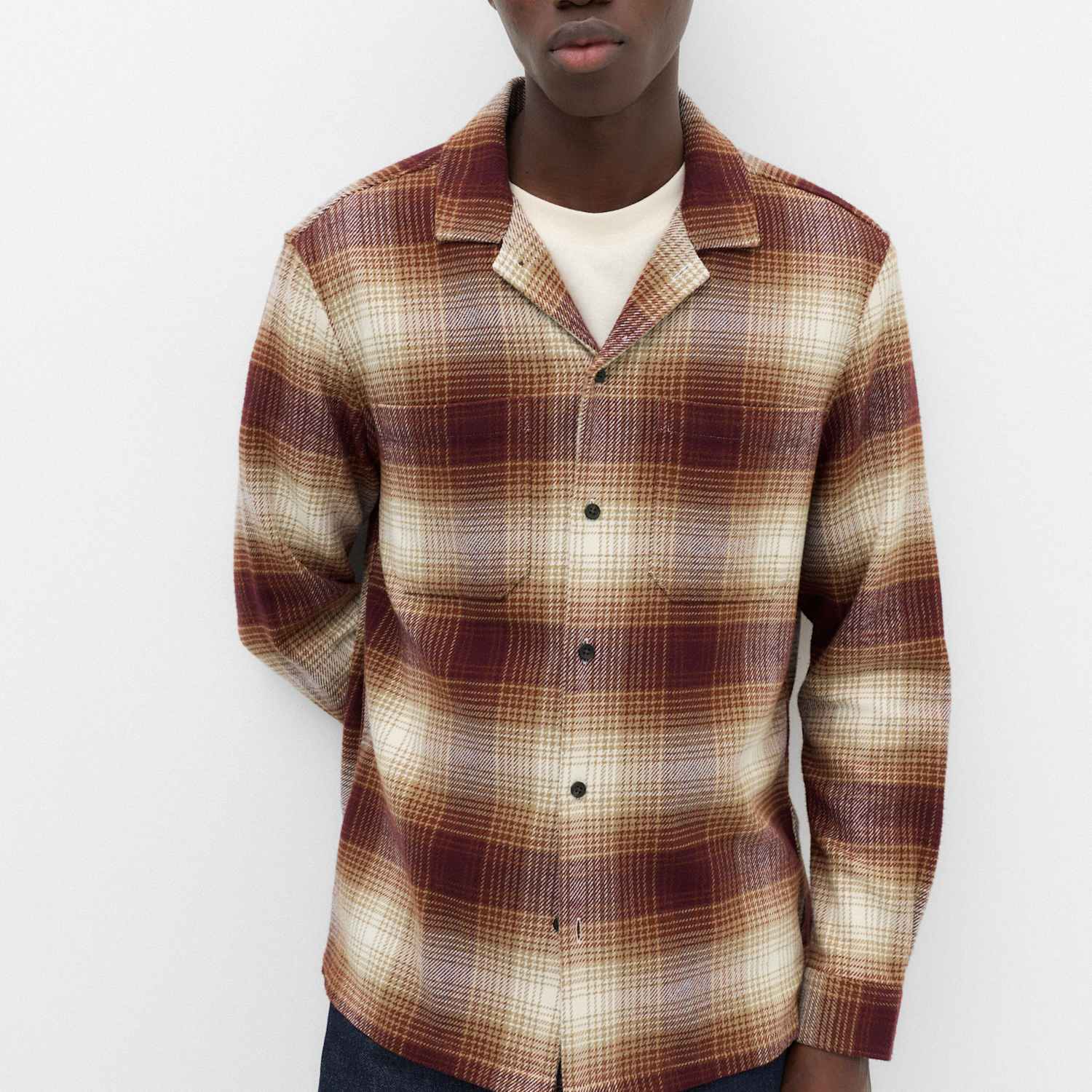 M&S Men's Pure Cotton Checked Revere Collar Flannel Shirt - S - Red Mix