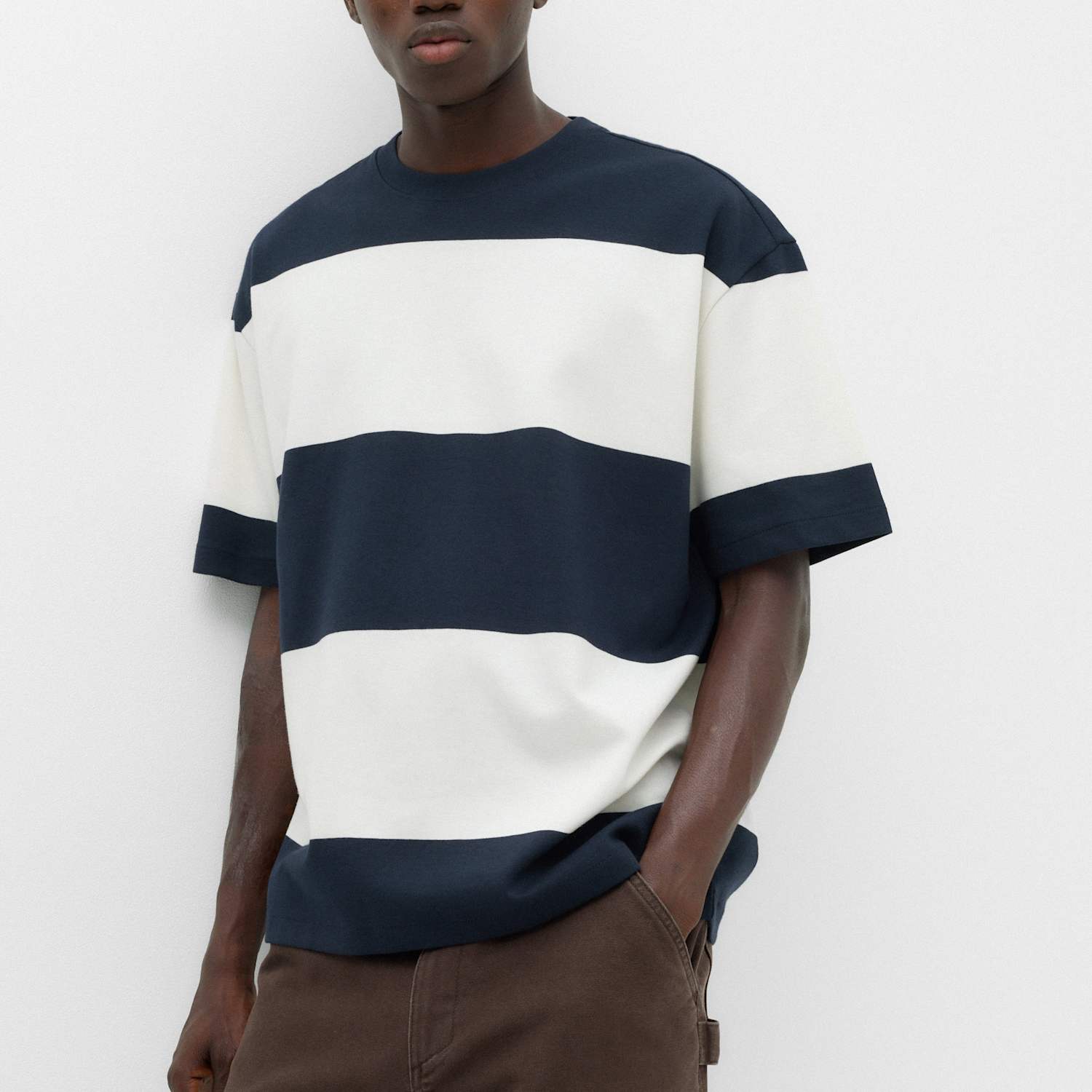 M&S Men's Ultimate Oversized Striped T-Shirt - XL - Navy