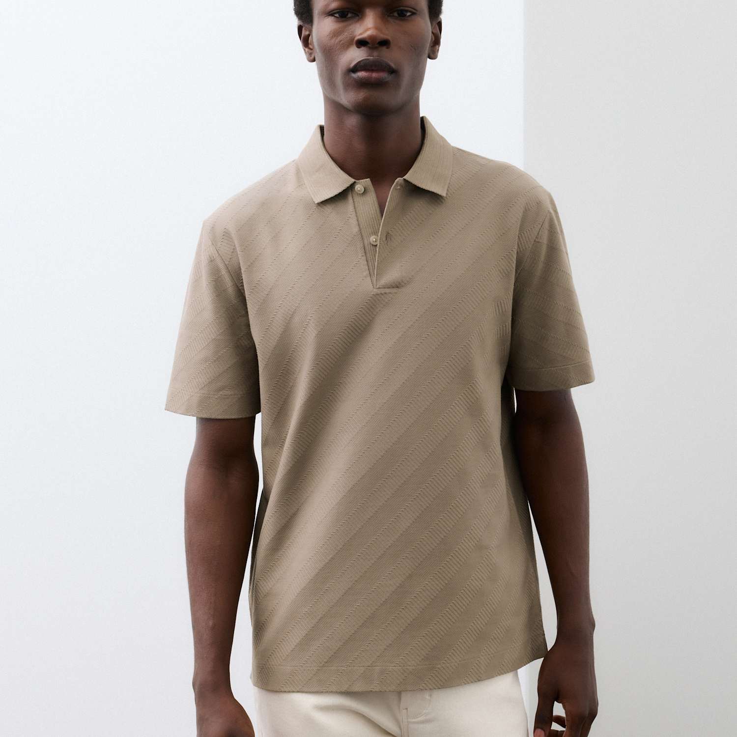 Autograph Men's Pure Cotton Textured Jacquard Button Polo Shirt - M - Sable