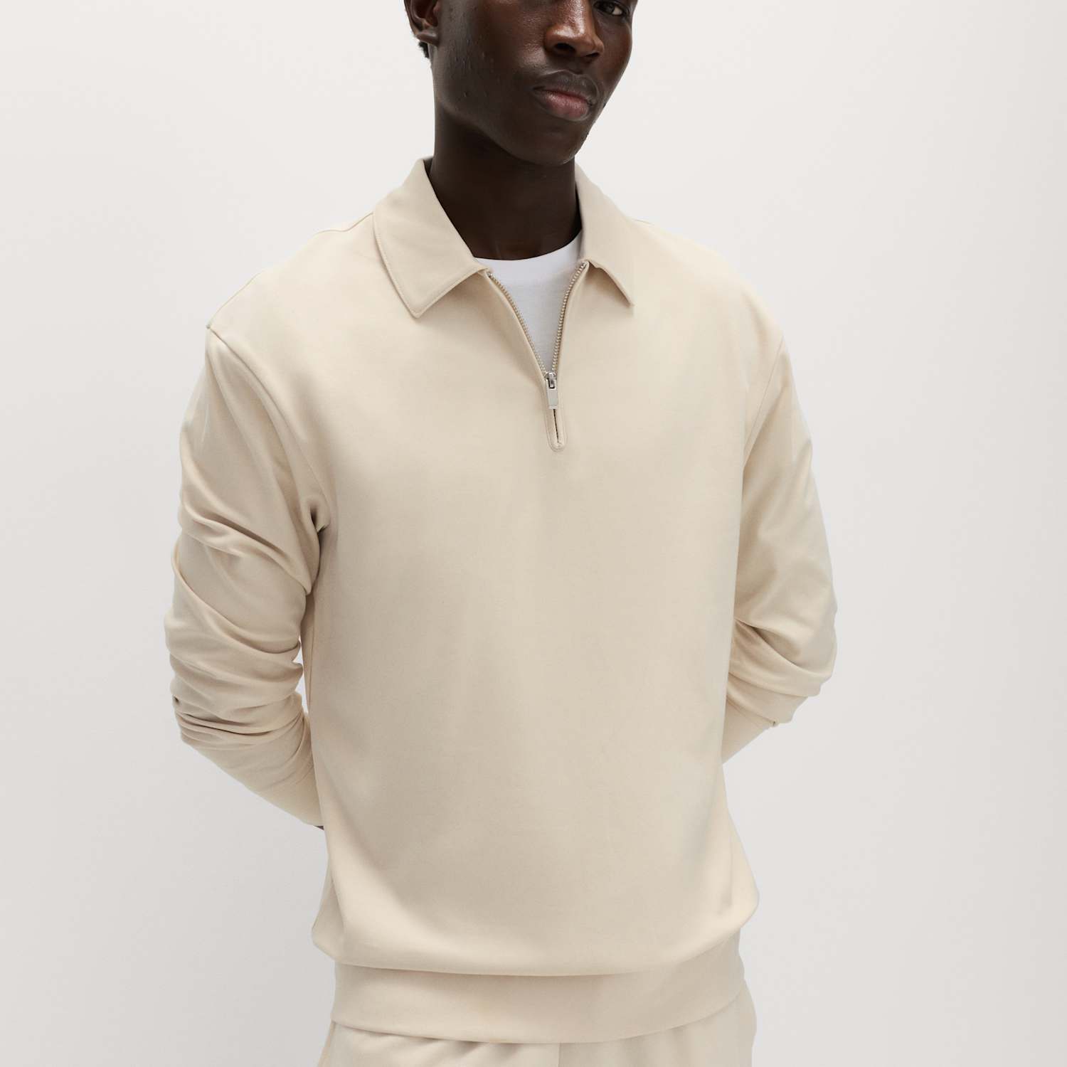 M&S Men's Cotton Rich Half Zip Sweatshirt - S - Ecru