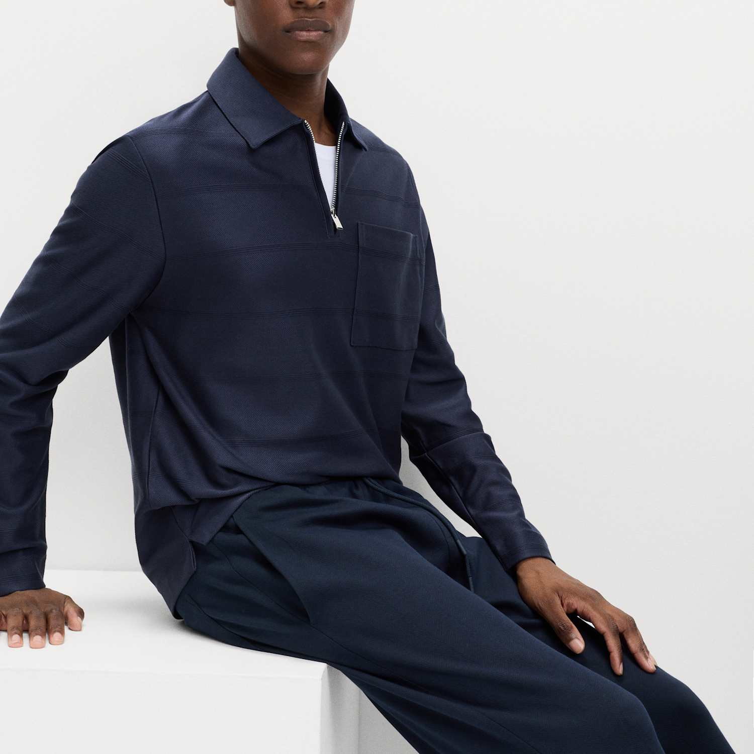 M&S Men's Pure Cotton Textured Half Zip Sweatshirt - M - Navy