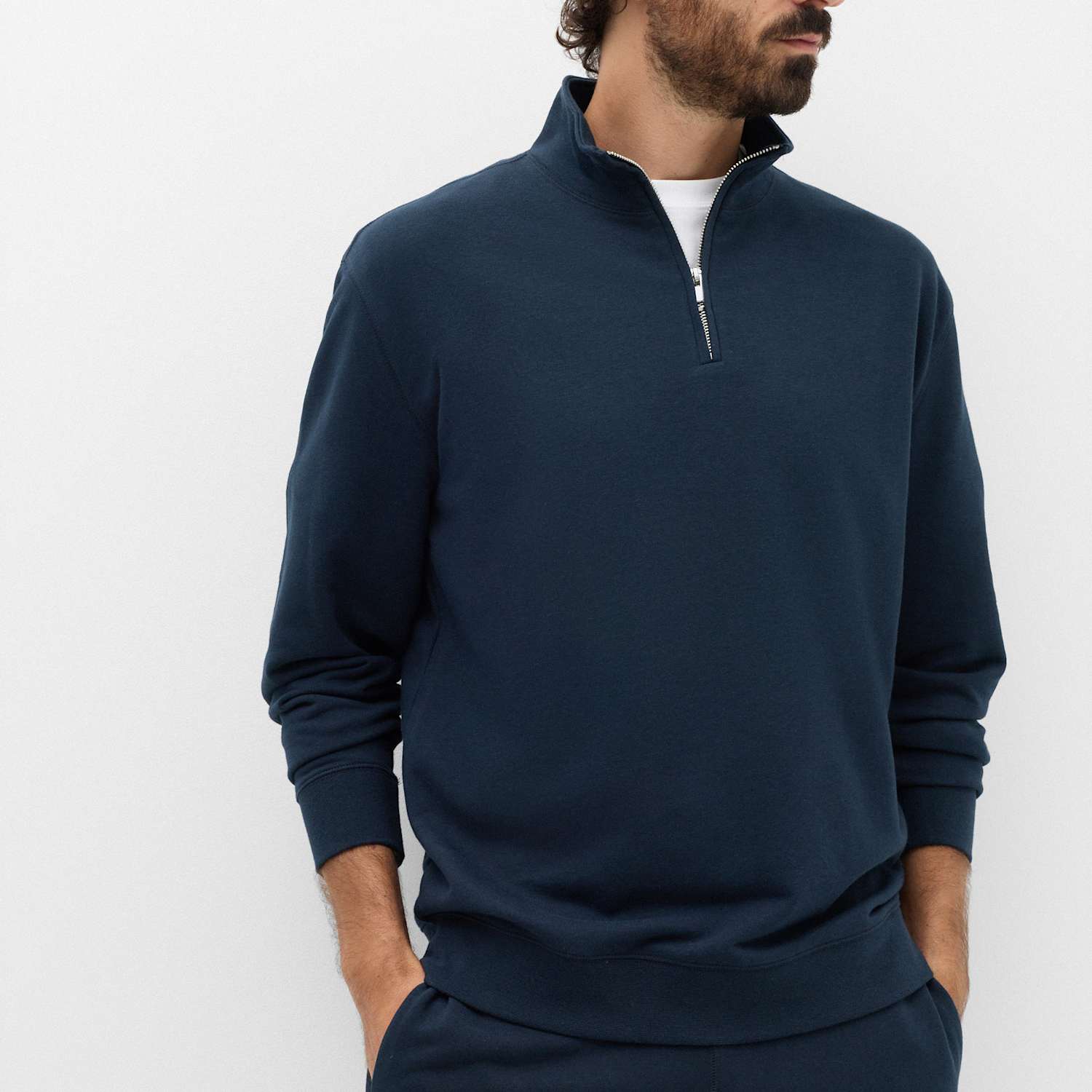 M&S Men's Cotton Rich Loopback Half Zip Sweatshirt - XL - Navy