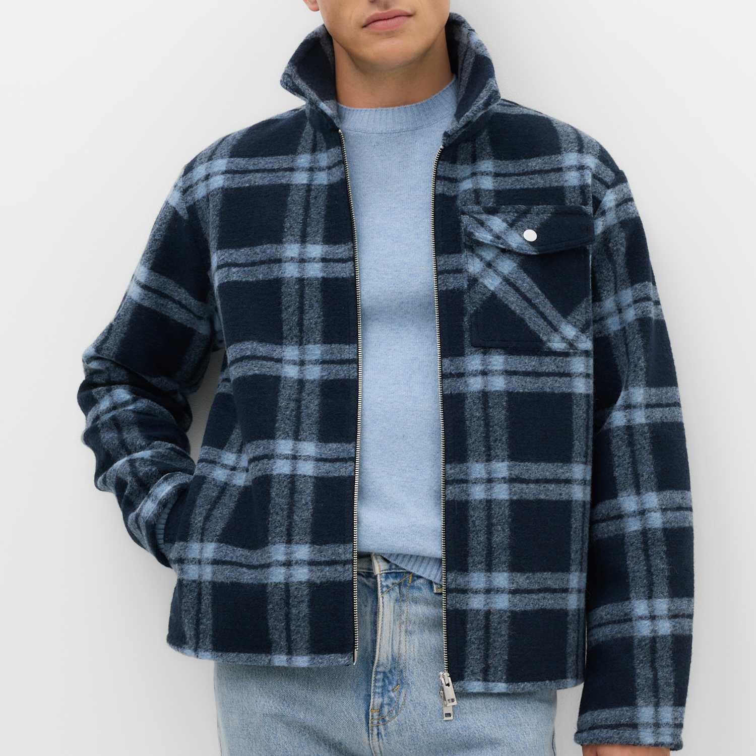 M&S Men's Wool Blend Fleece Check Shacket - M - Navy