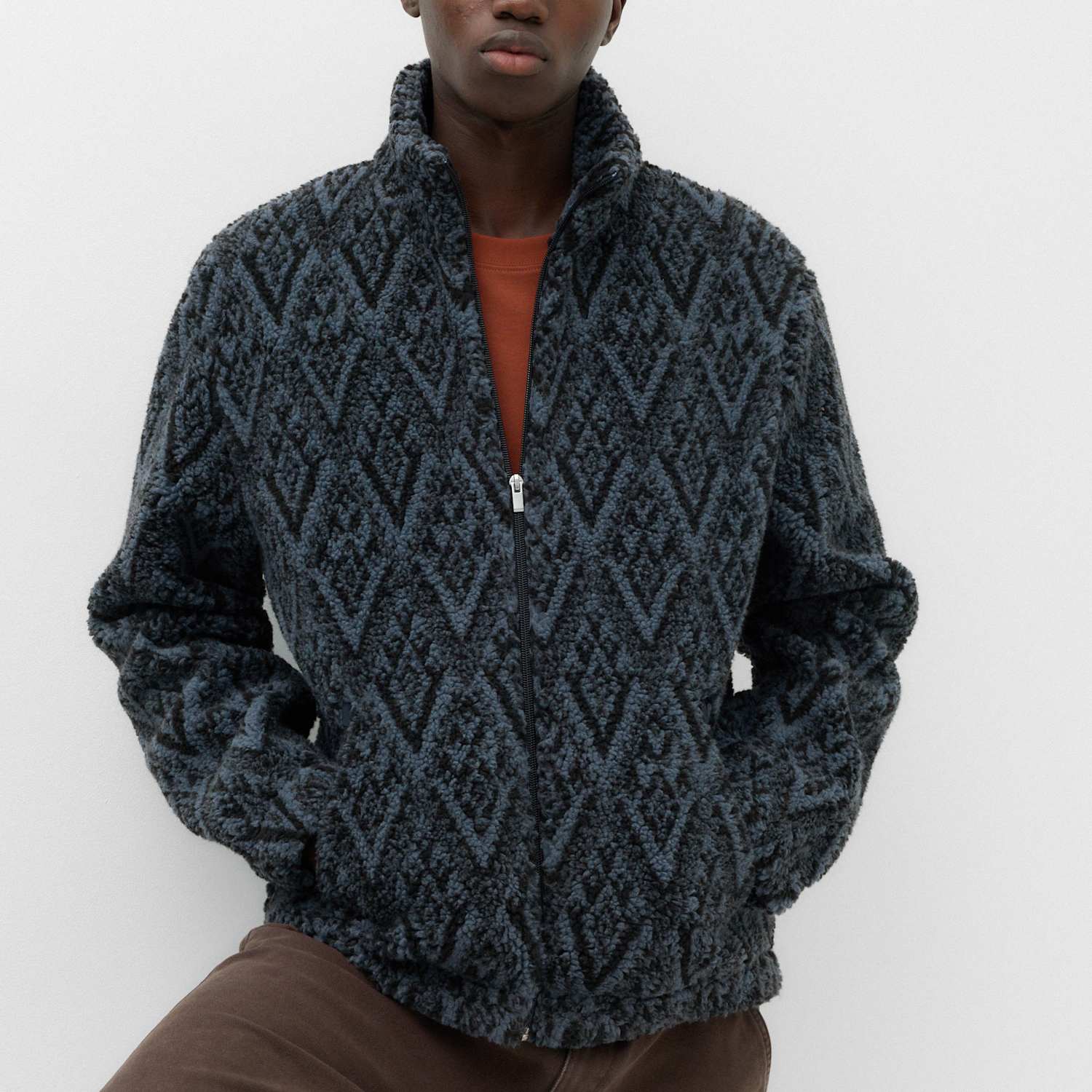 M&S Men's Fair Isle Funnel Neck Fleece Jacket - M - Navy Mix