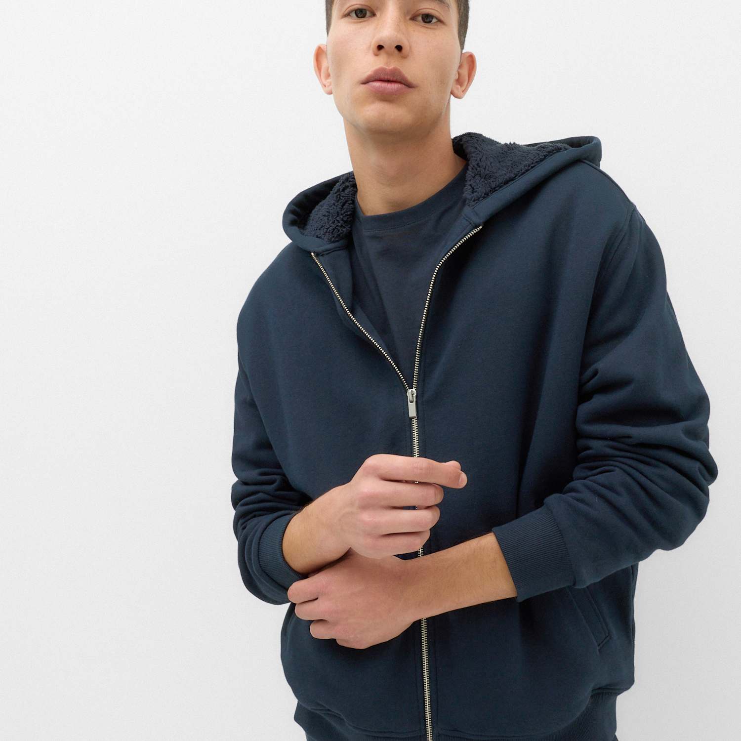 M&S Men's Fleece Lined Long Sleeve Zip Up Hoodie - XL - Navy