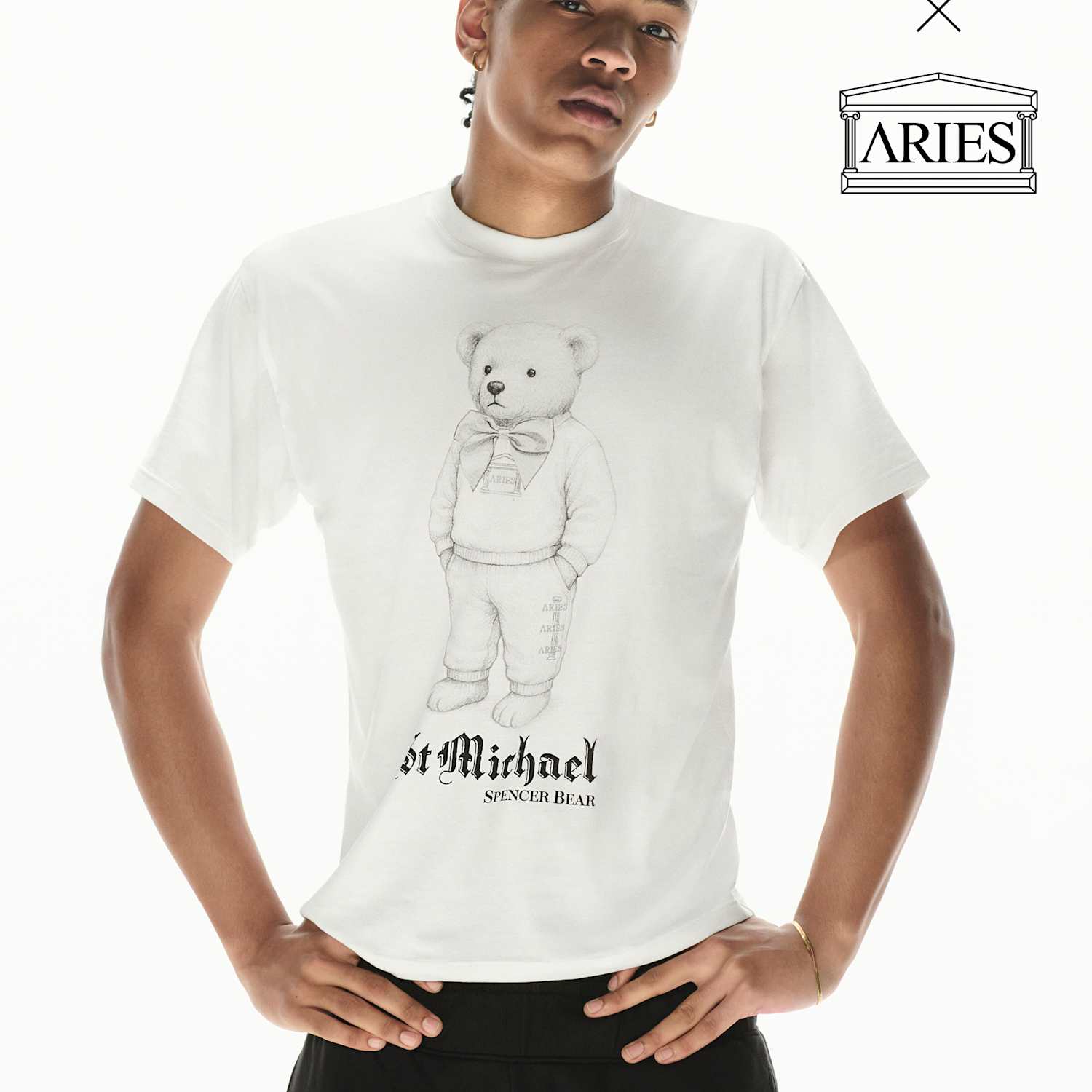 M&S X Aries Men's Pure Cotton Spencer Bear Graphic T-Shirt - S - White