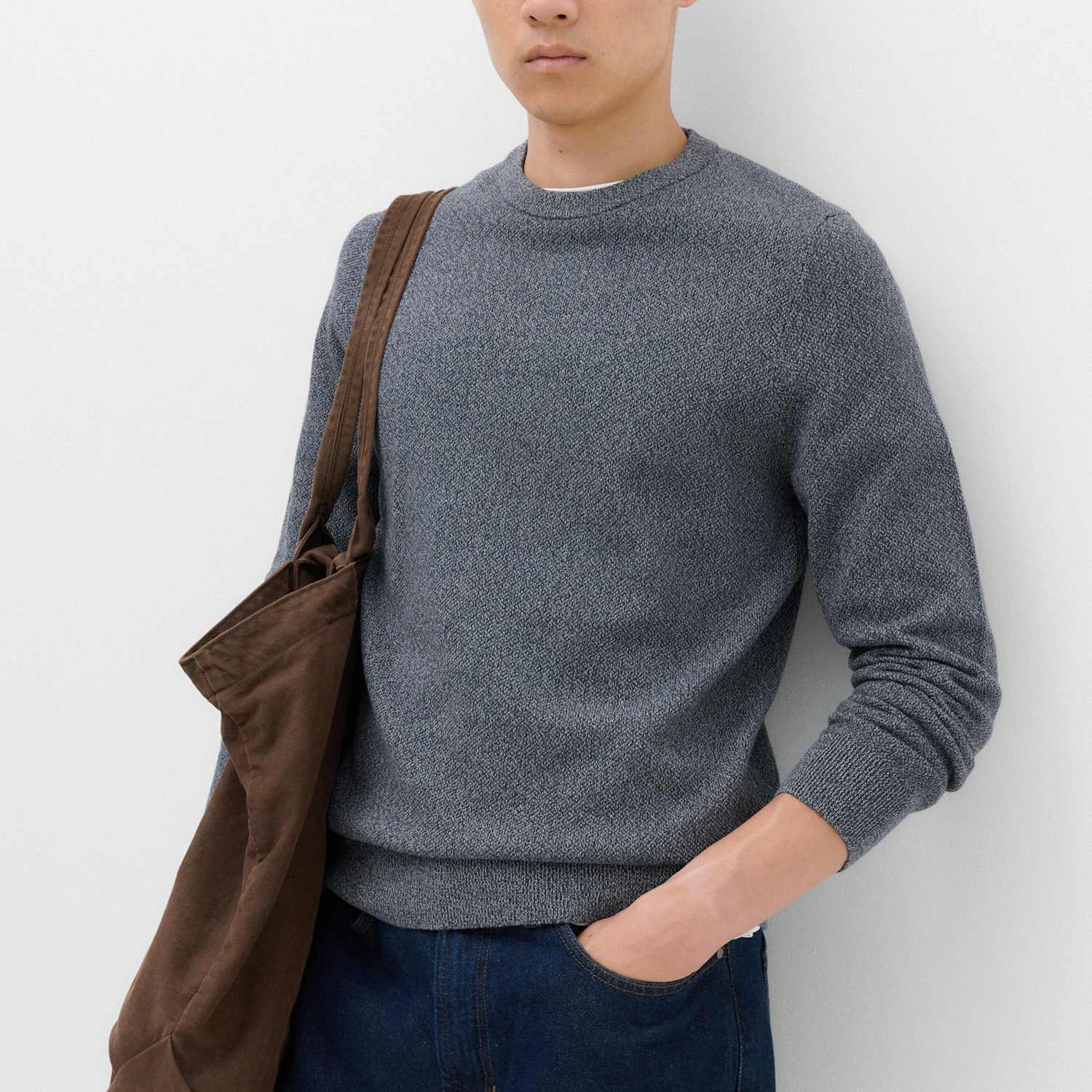 M&S Men's Pure Cotton Textured Crew Neck Jumper - M - Blue Mix