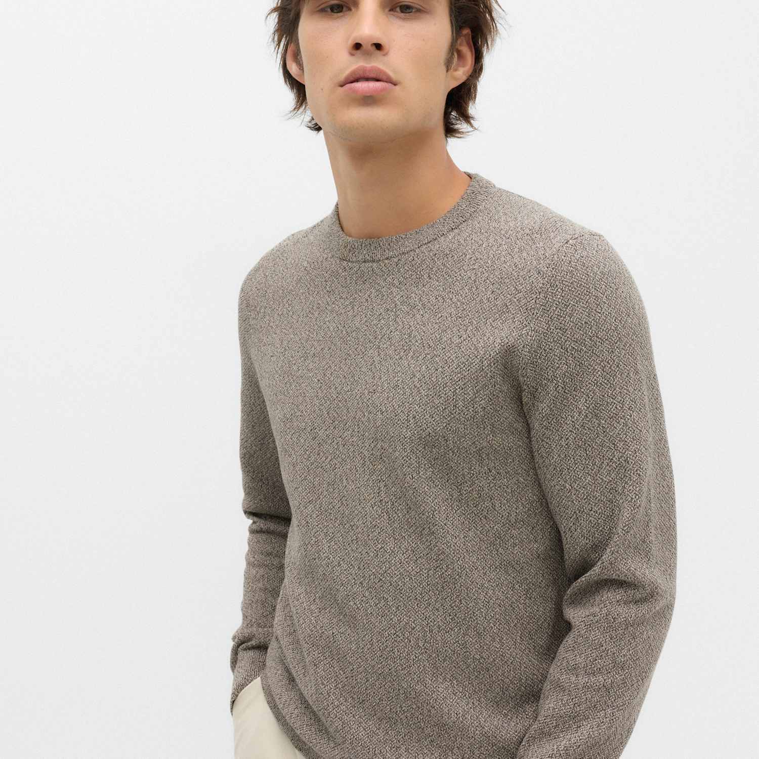 M&S Men's Pure Cotton Textured Crew Neck Jumper - XL - Natural Mix
