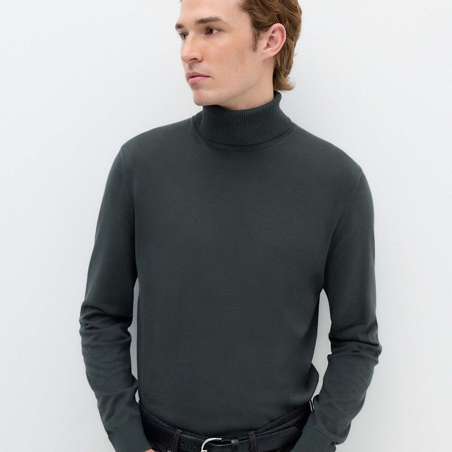 M&S Men's Pure Cotton Roll Neck Jumper - L - Dark Evergreen