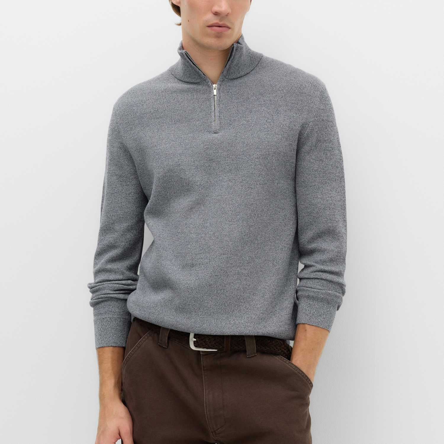 M&S Men's Pure Cotton Textured Half Zip Jumper - XL - Blue Mix
