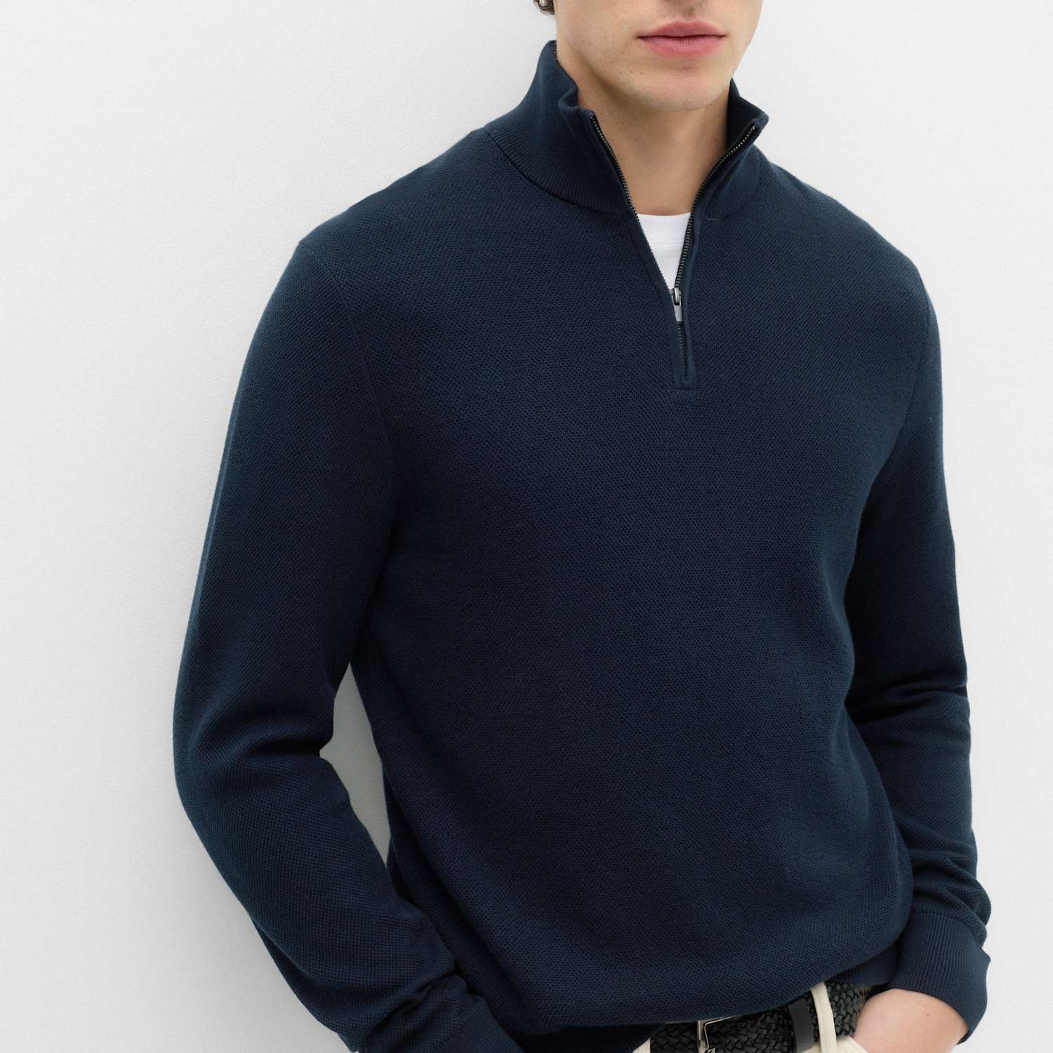 M&S Men's Pure Cotton Textured Half Zip Jumper - L - Navy