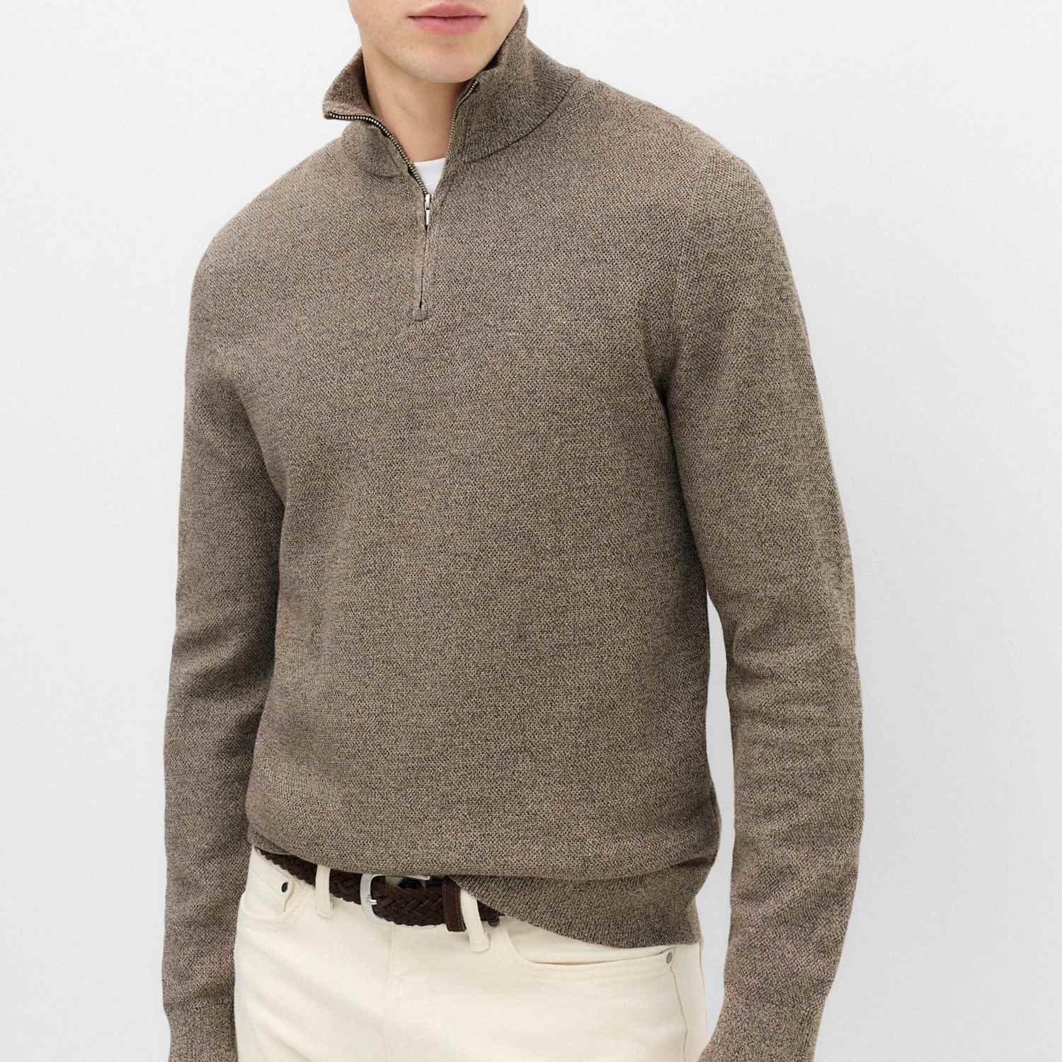 M&S Men's Pure Cotton Textured Half Zip Jumper - L - Hessian