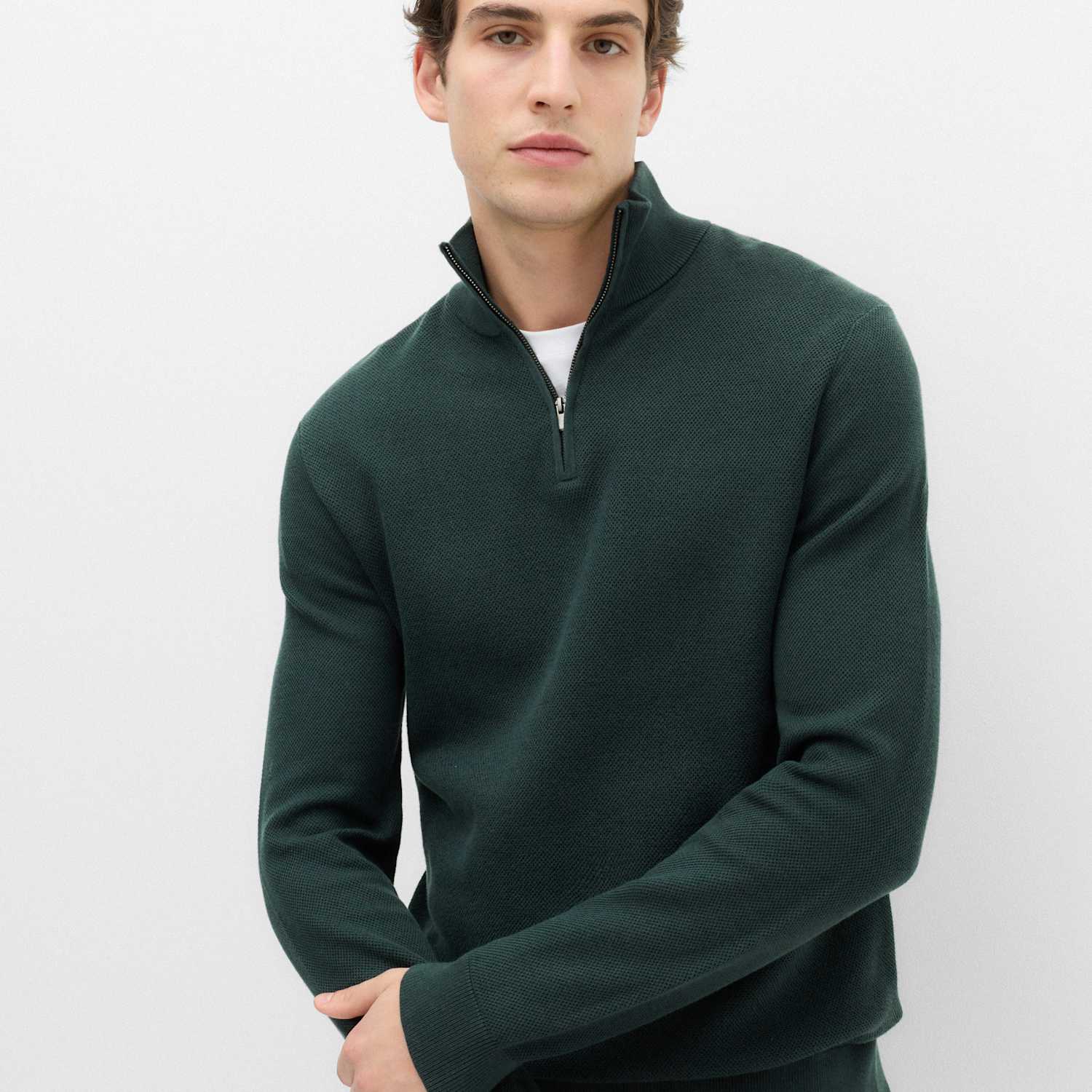 M&S Men's Pure Cotton Textured Half Zip Jumper - M - Dark Evergreen