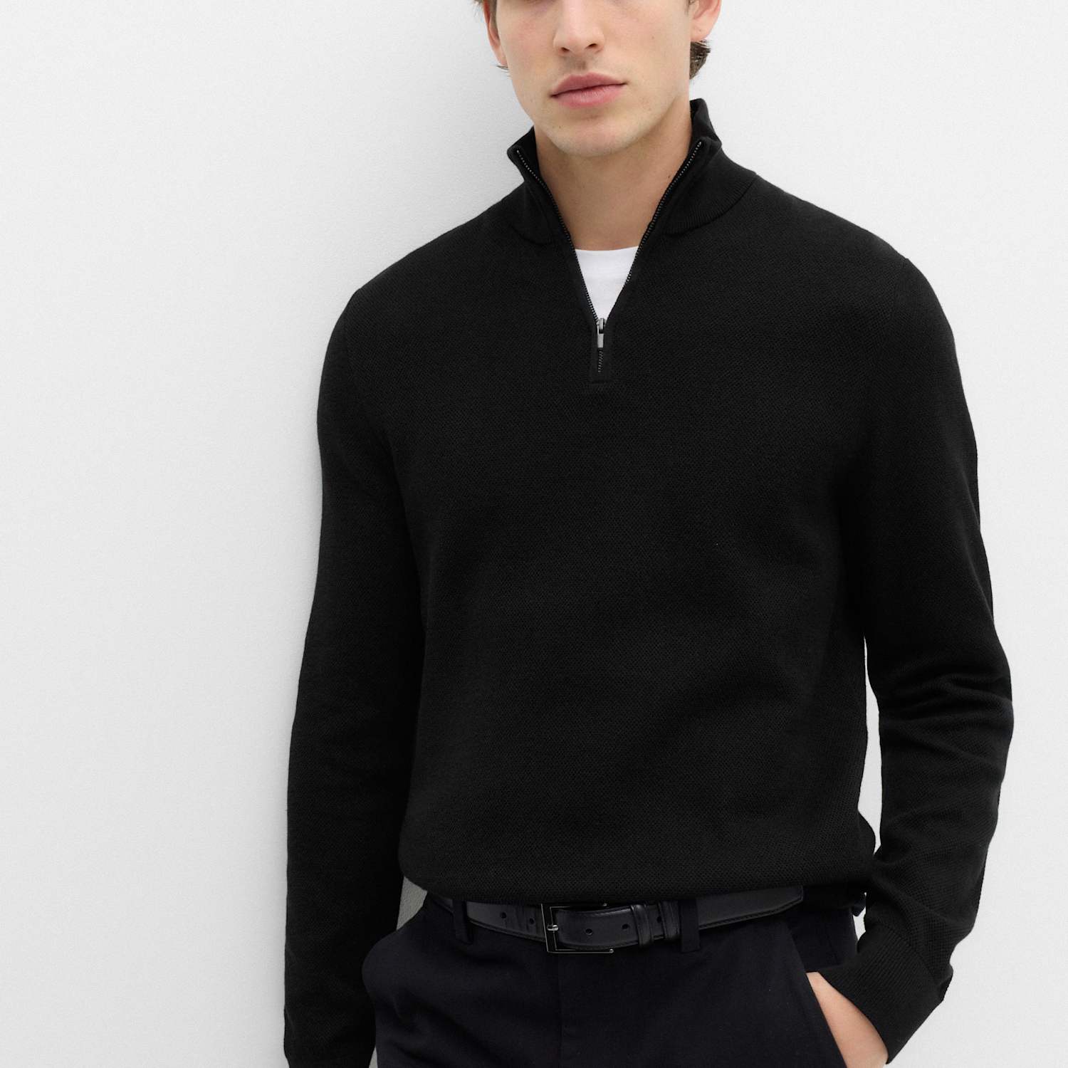 M&S Men's Pure Cotton Textured Half Zip Jumper - M - Black