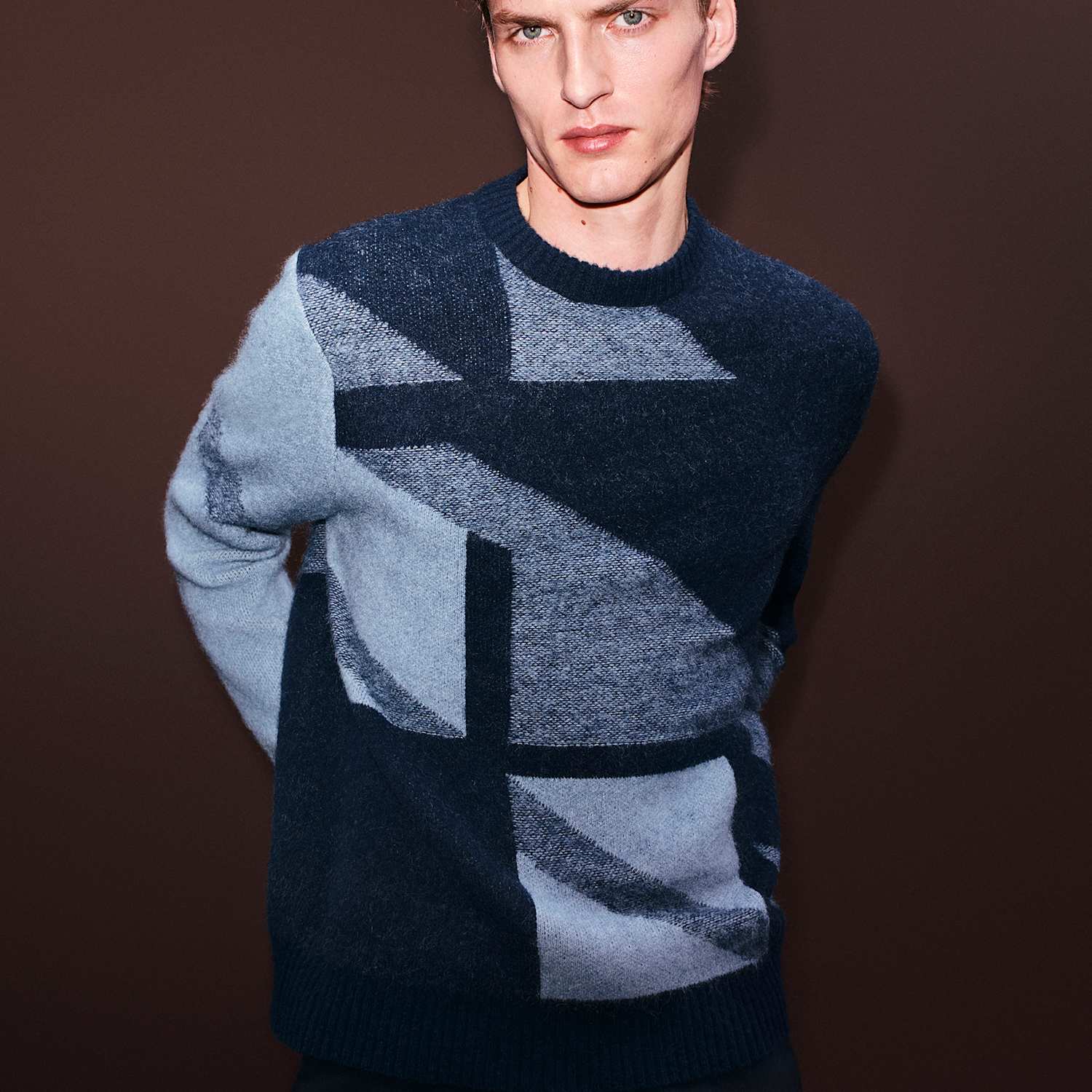 Autograph Men's Merino Wool Blend Geometric Crew Neck Jumper - XL - Navy Mix