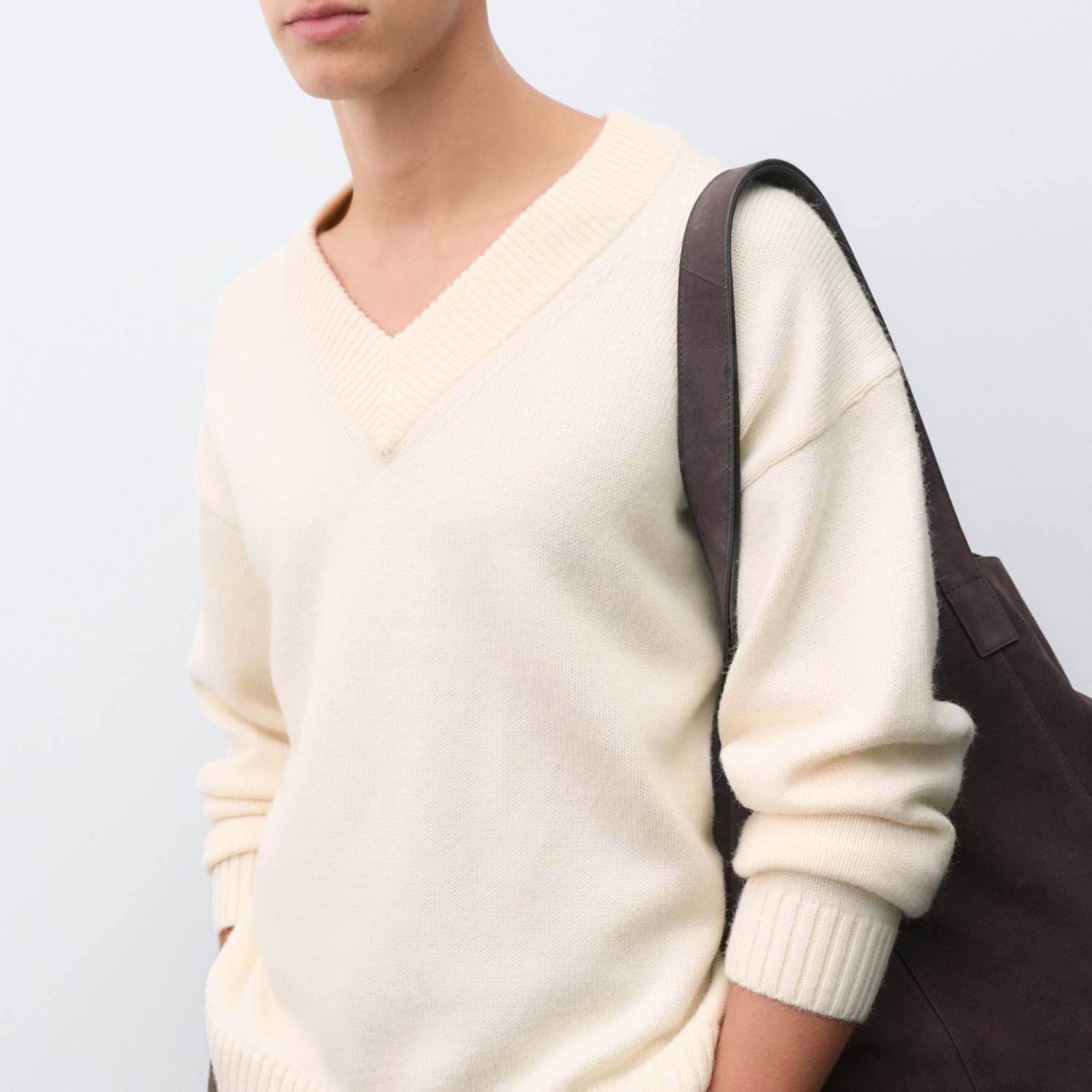 Autograph Men's Wool Blend V-Neck Jumper - M - Ecru