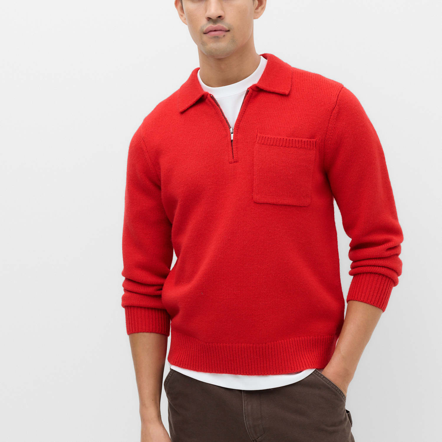 M&S Men's Quarter Zip Knitted Polo Shirt - M - Scarlet