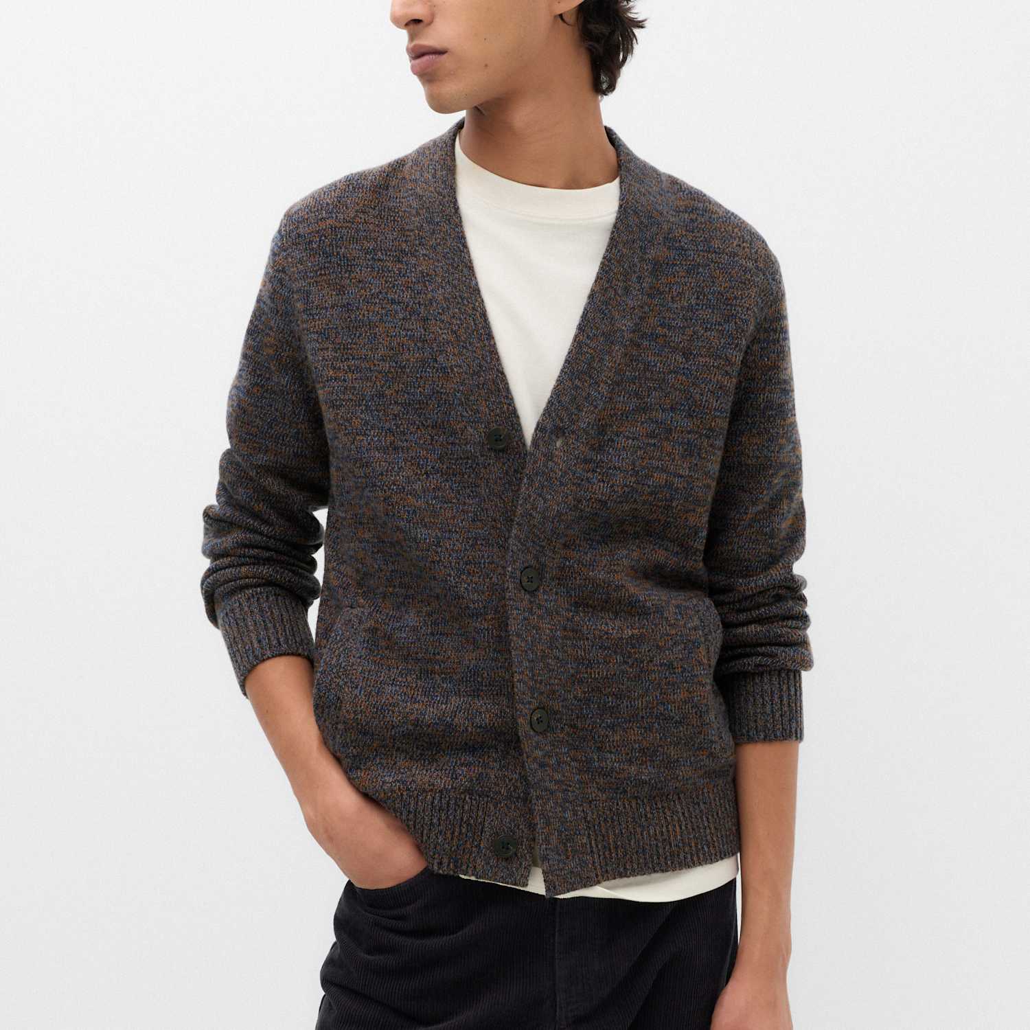 M&S Men's Lambswool Blend V-Neck Cardigan - XL - Blue Mix