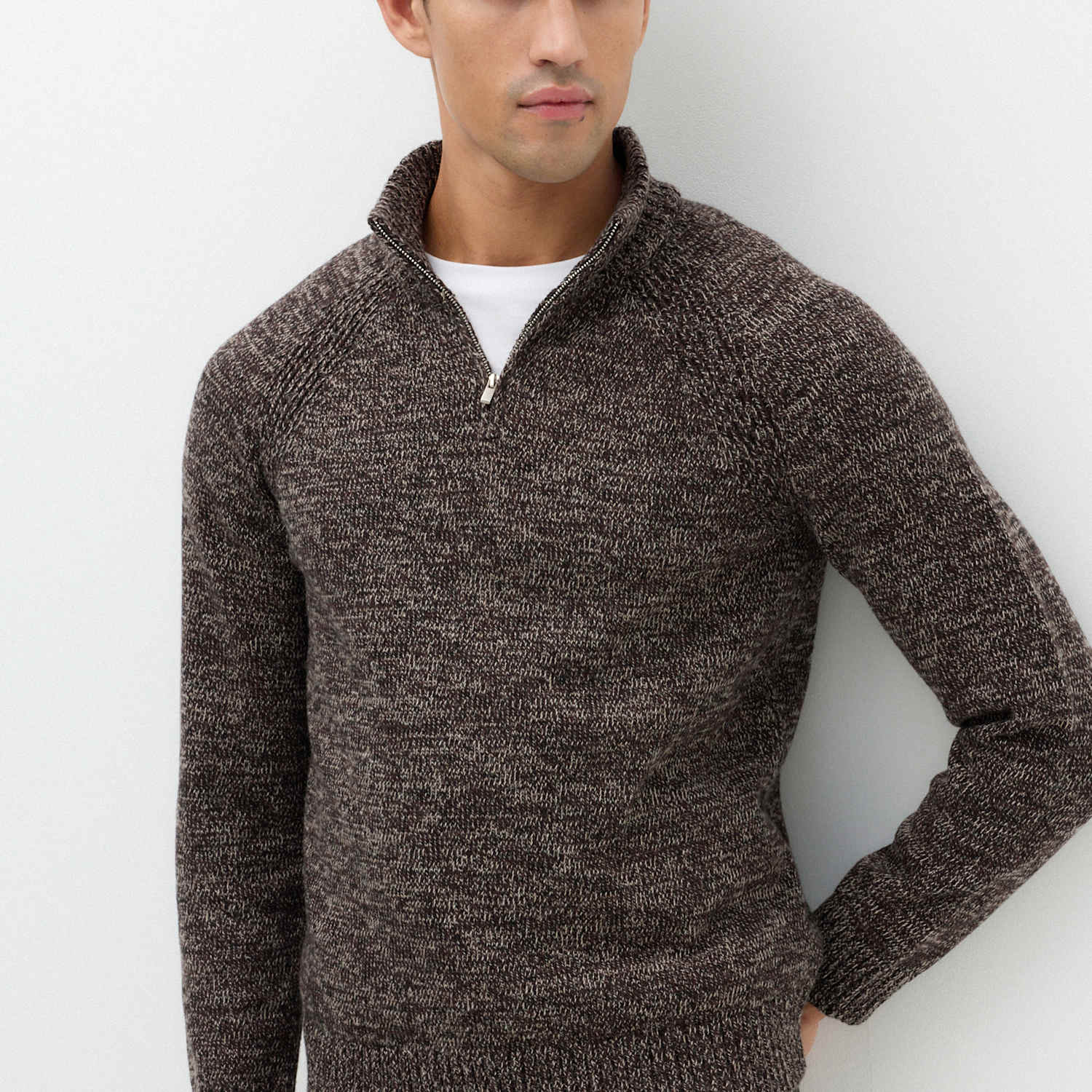 M&S Men's Lambswool Blend Regular Fit Half Zip Jumper - M - Brown Mix
