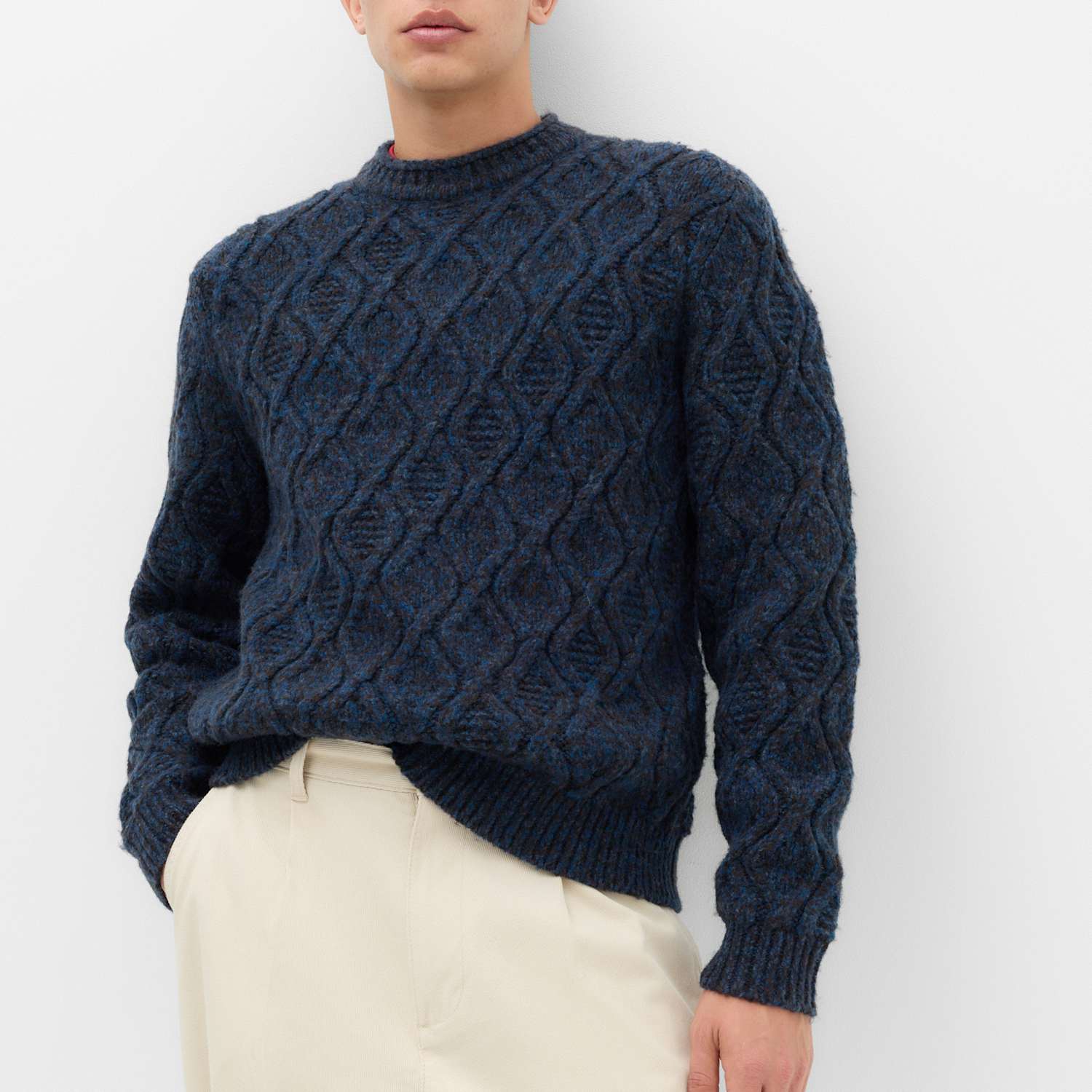 M&S Men's Cable Crew Neck Jumper with Wool - M - Blue Mix