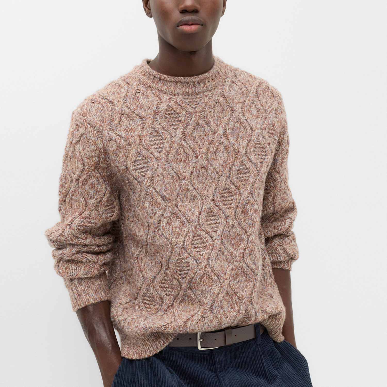 M&S Men's Cable Crew Neck Jumper with Wool - S - Natural Mix