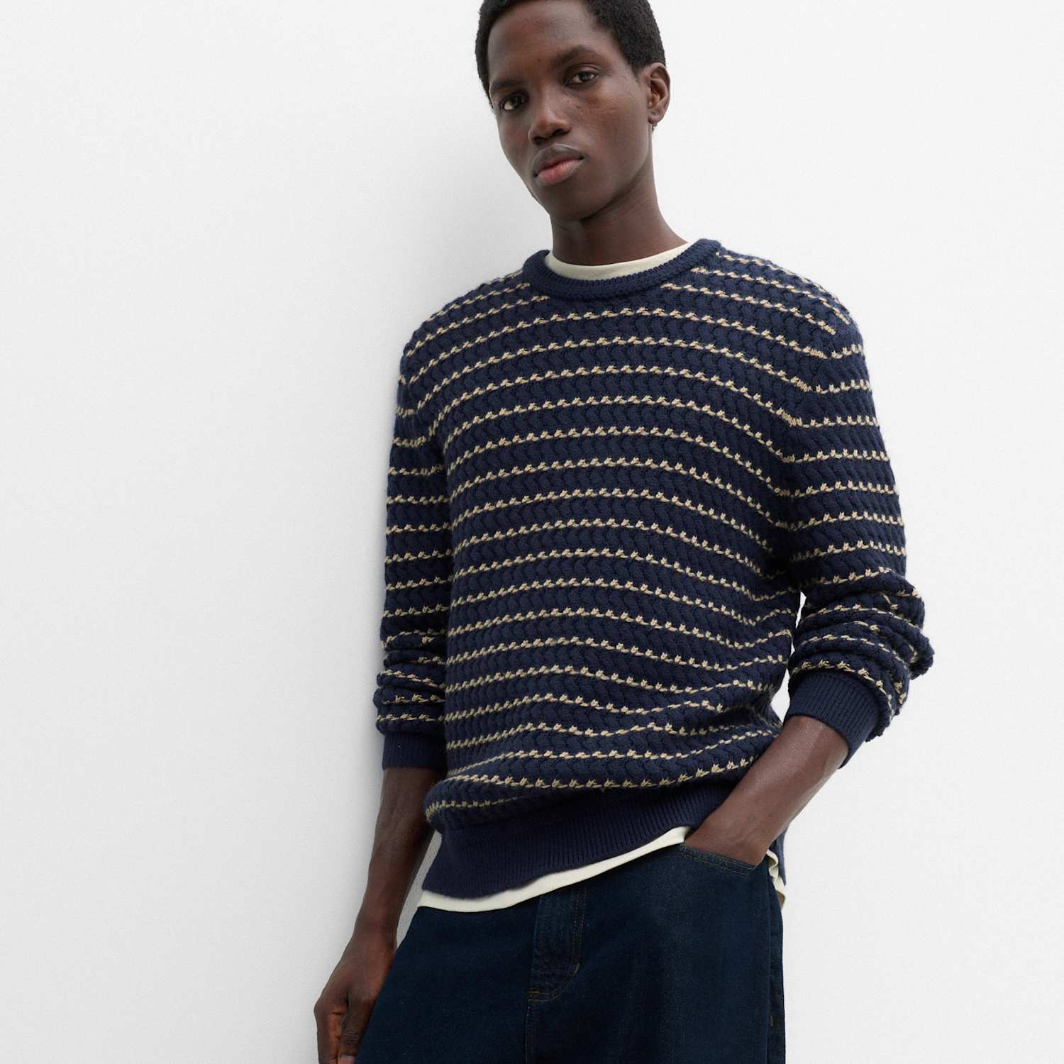 M&S Men's Wool Blend Striped Crew Neck Jumper - XL - Navy Mix