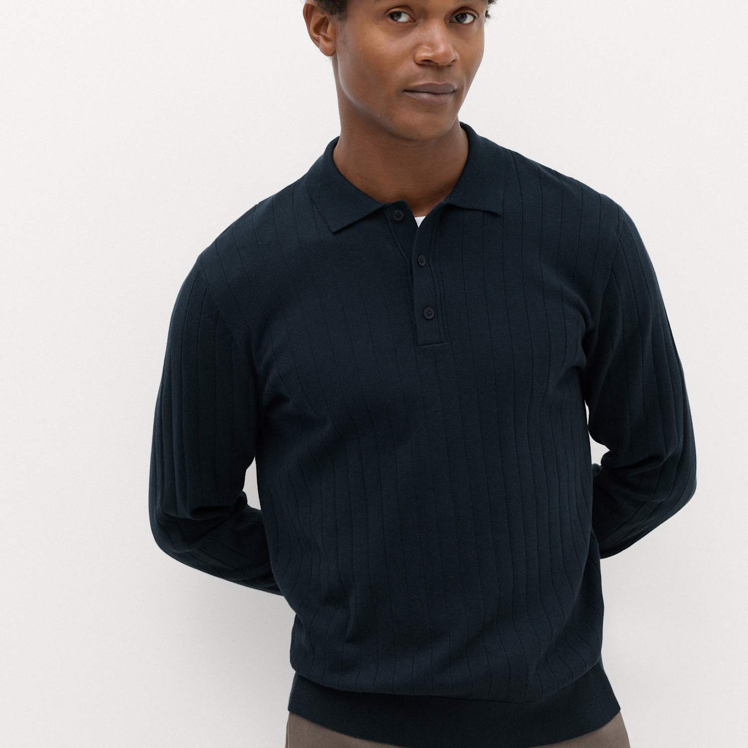 M&S Men's Cotton Blend Smart Rib Knit Polo Shirt - M - Navy